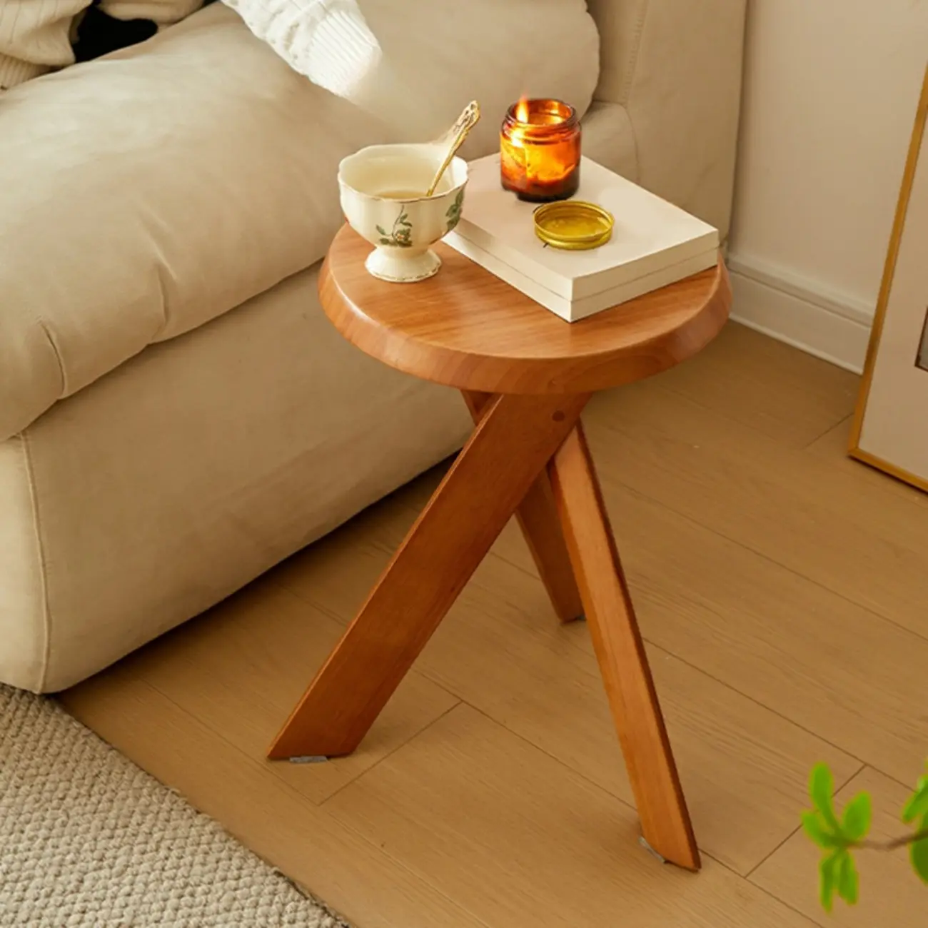Modern Round Wood Side Table with Cross Legs Image - 14 | homeyfad