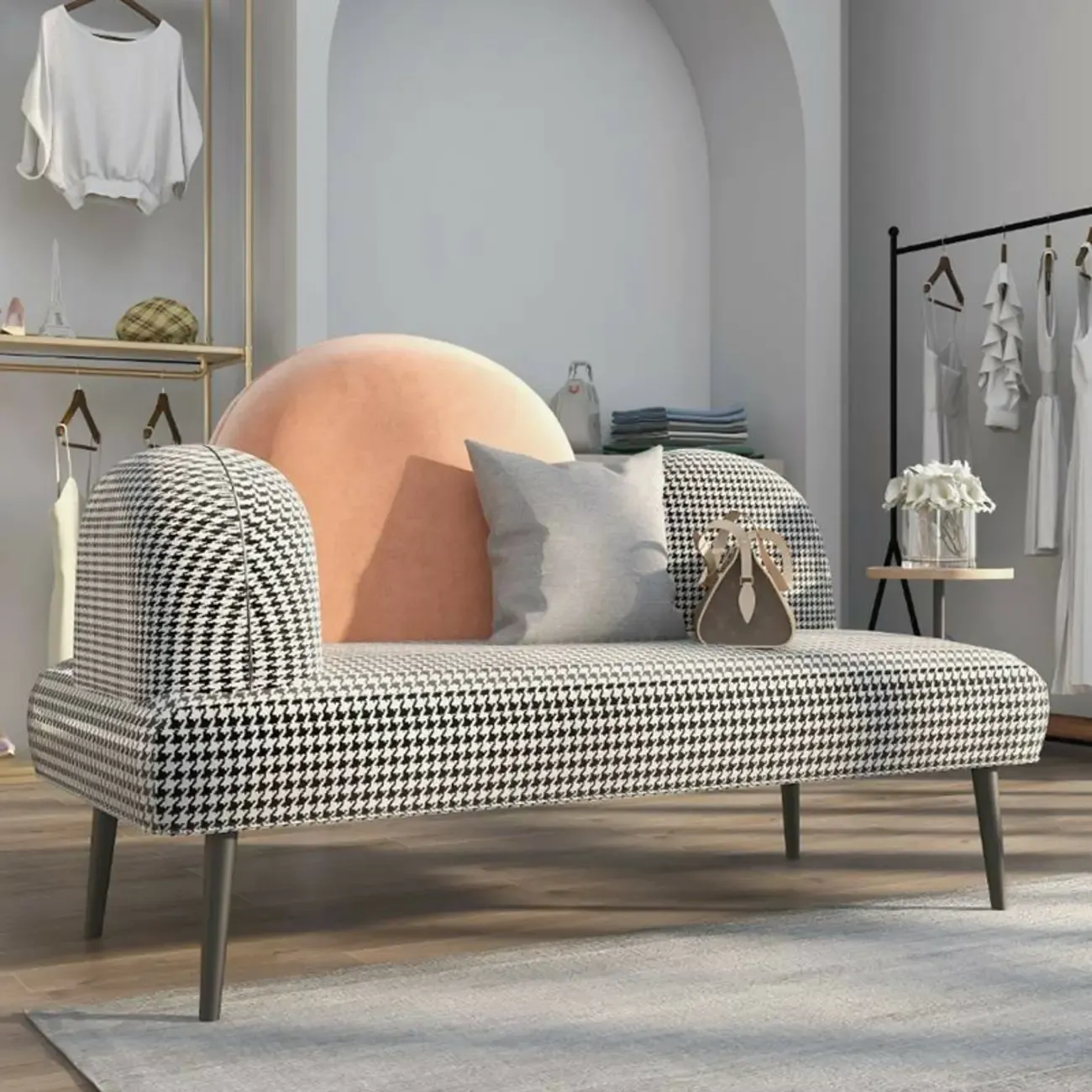 Nordic Fabric Chaise Lounge with Houndstooth for Living Room Image - 3