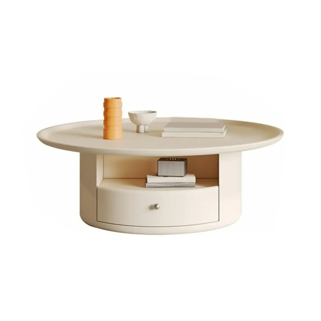 White Round Modern Wood Coffee Table with Storage Image - 10