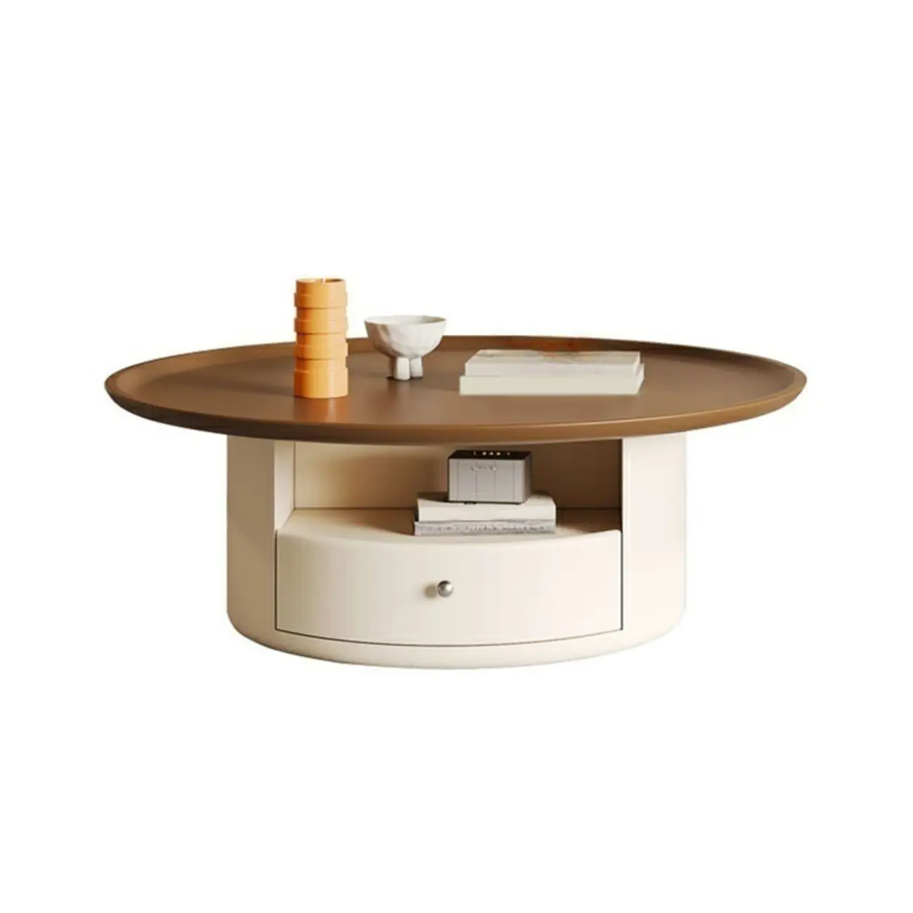 White Round Modern Wood Coffee Table with Storage Image - 11 | homeyfad