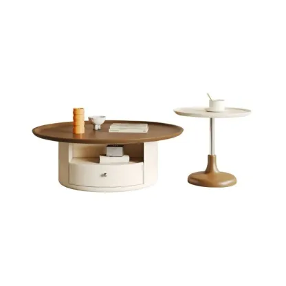 White Round Modern Wood Coffee Table with Storage Image - 13