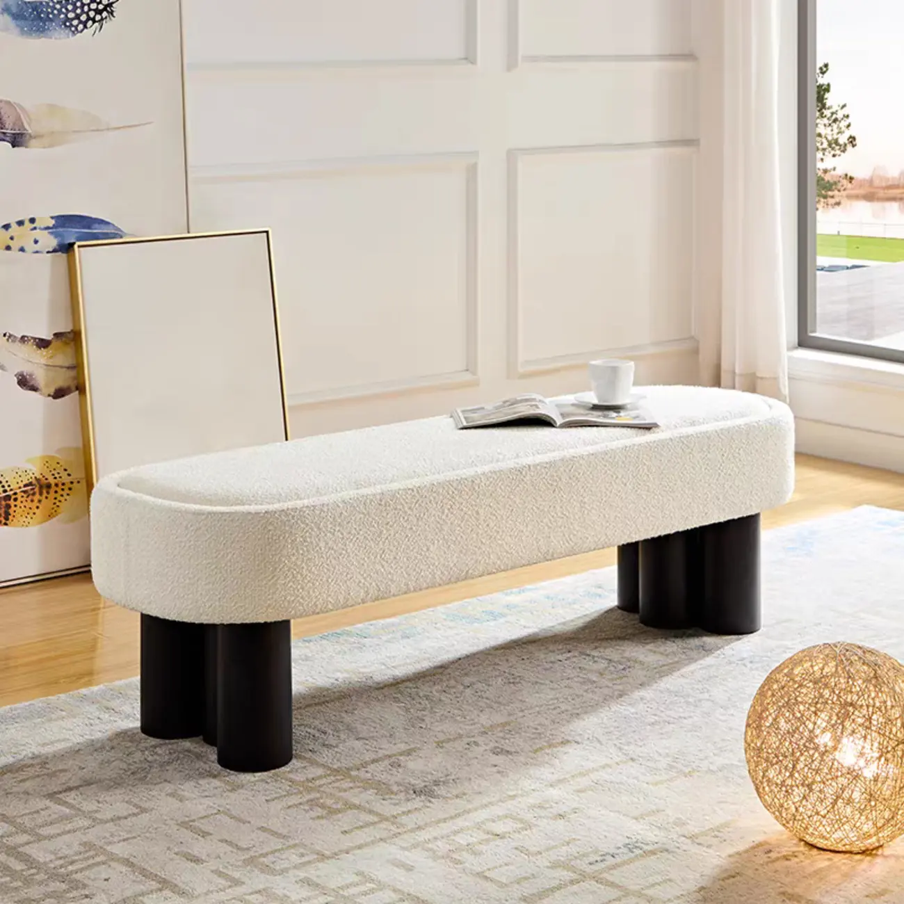 Simple White Upholstered Oval Entryway Bench Image - 3 | homeyfad