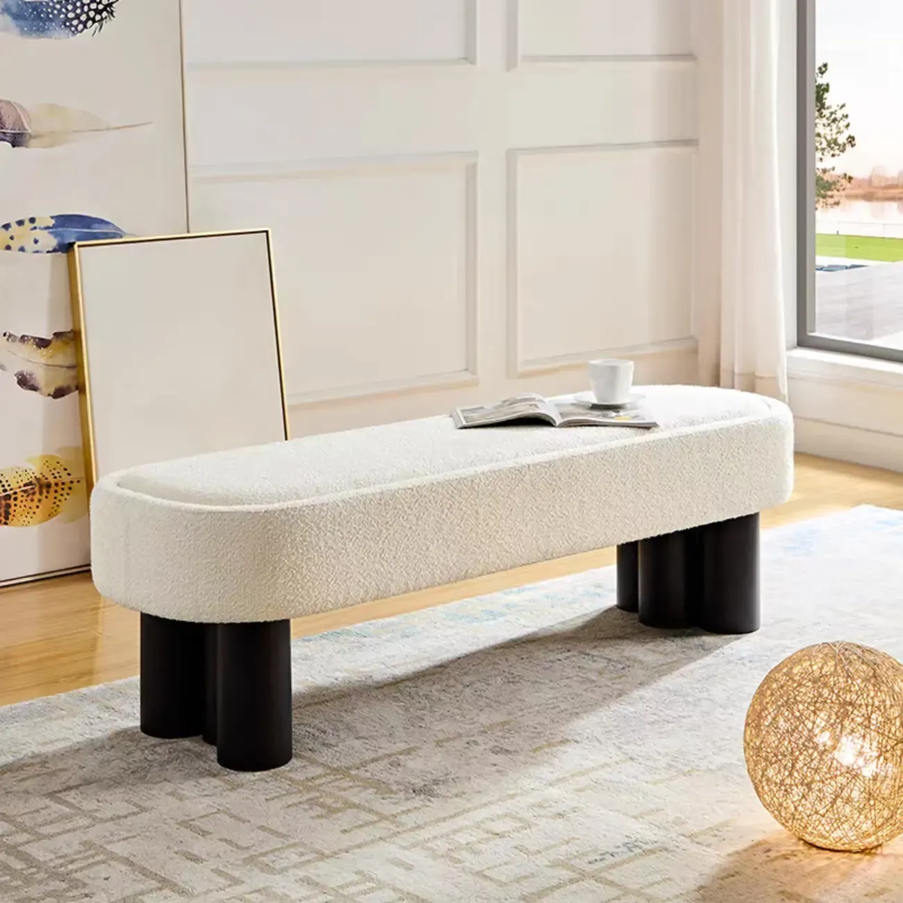 Simple White Upholstered Oval Entryway Bench Image - 3