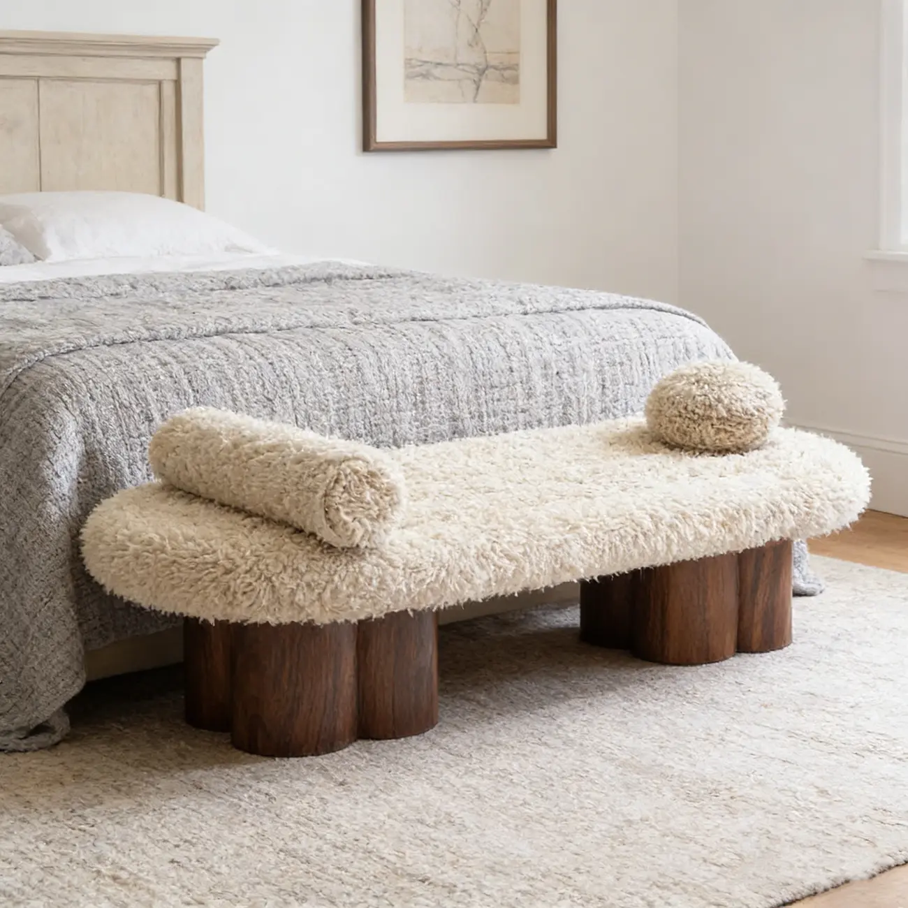 Beige Bouclé Upholstered Bedroom Bench With Arms Image - 2 | homeyfad
