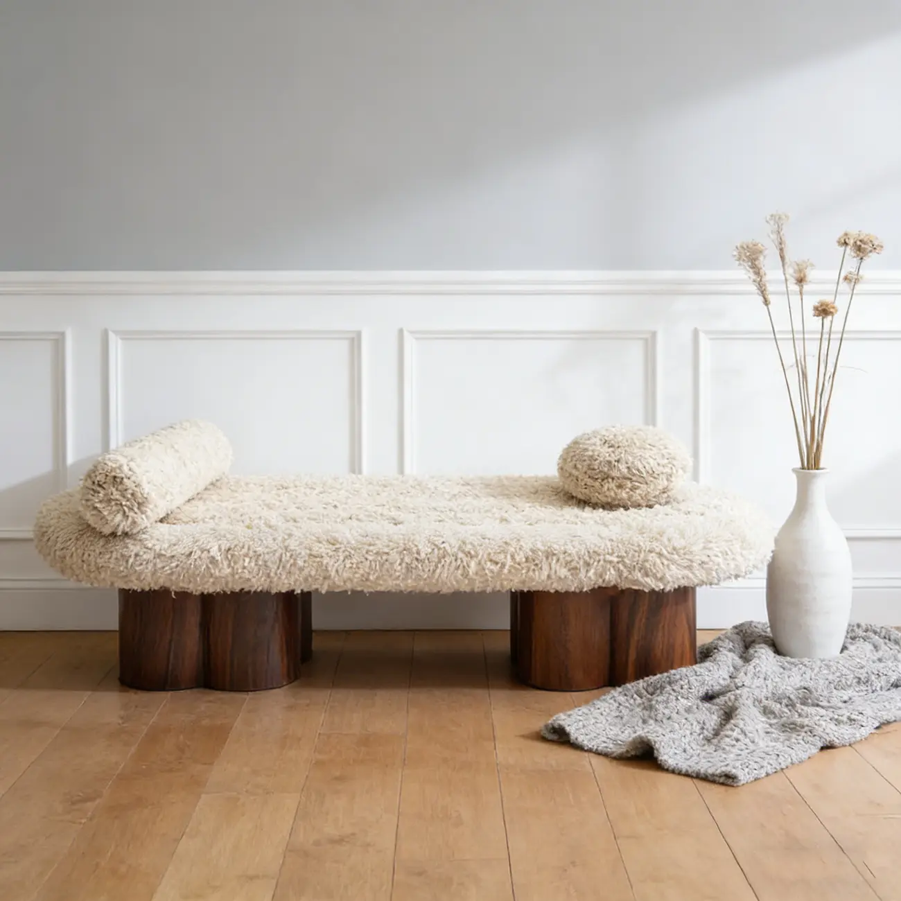 Beige Bouclé Upholstered Bedroom Bench With Arms Image - 1 | homeyfad