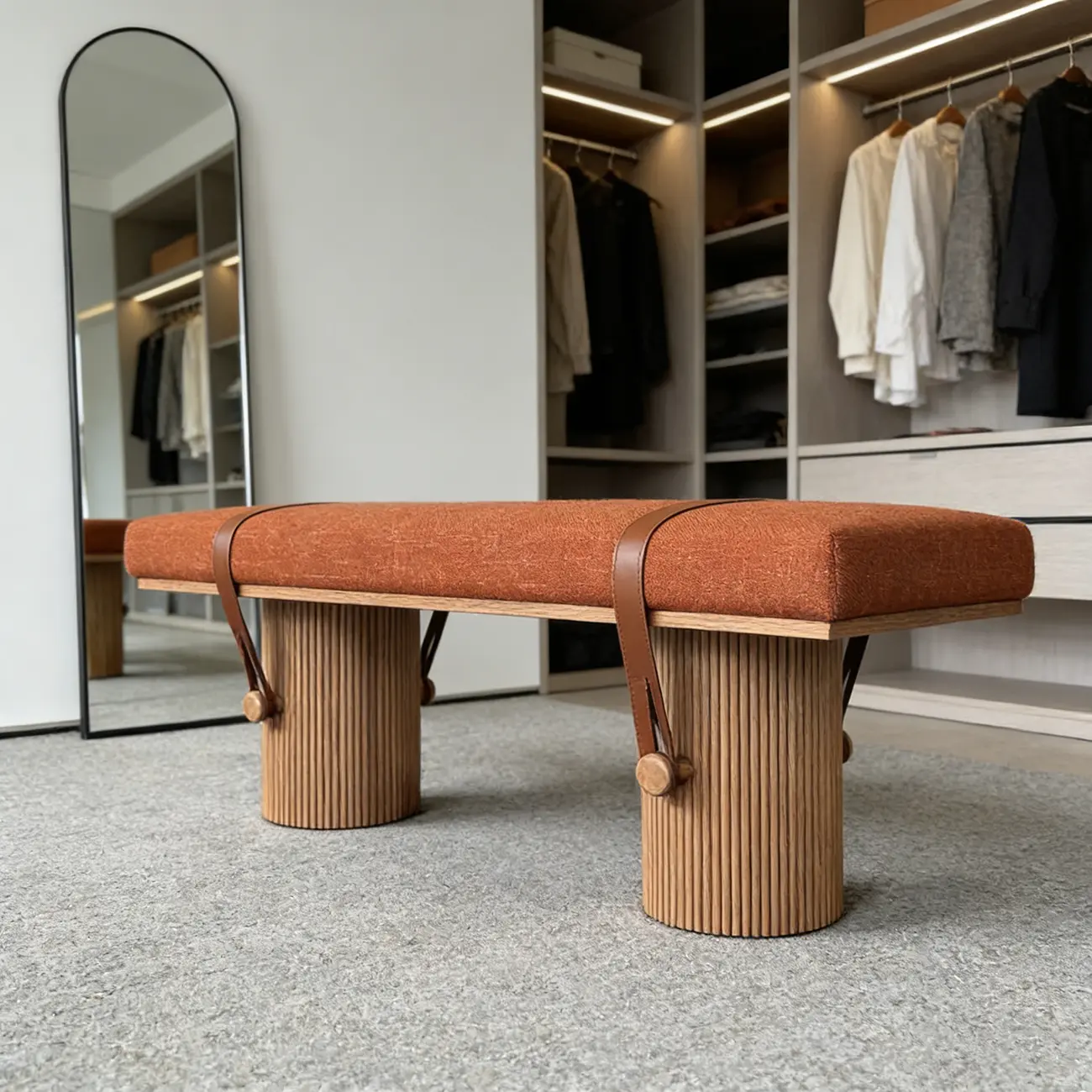 Mid-century Modern Orange Upholstered Wood Bedroom Bench Image - 4 | homeyfad