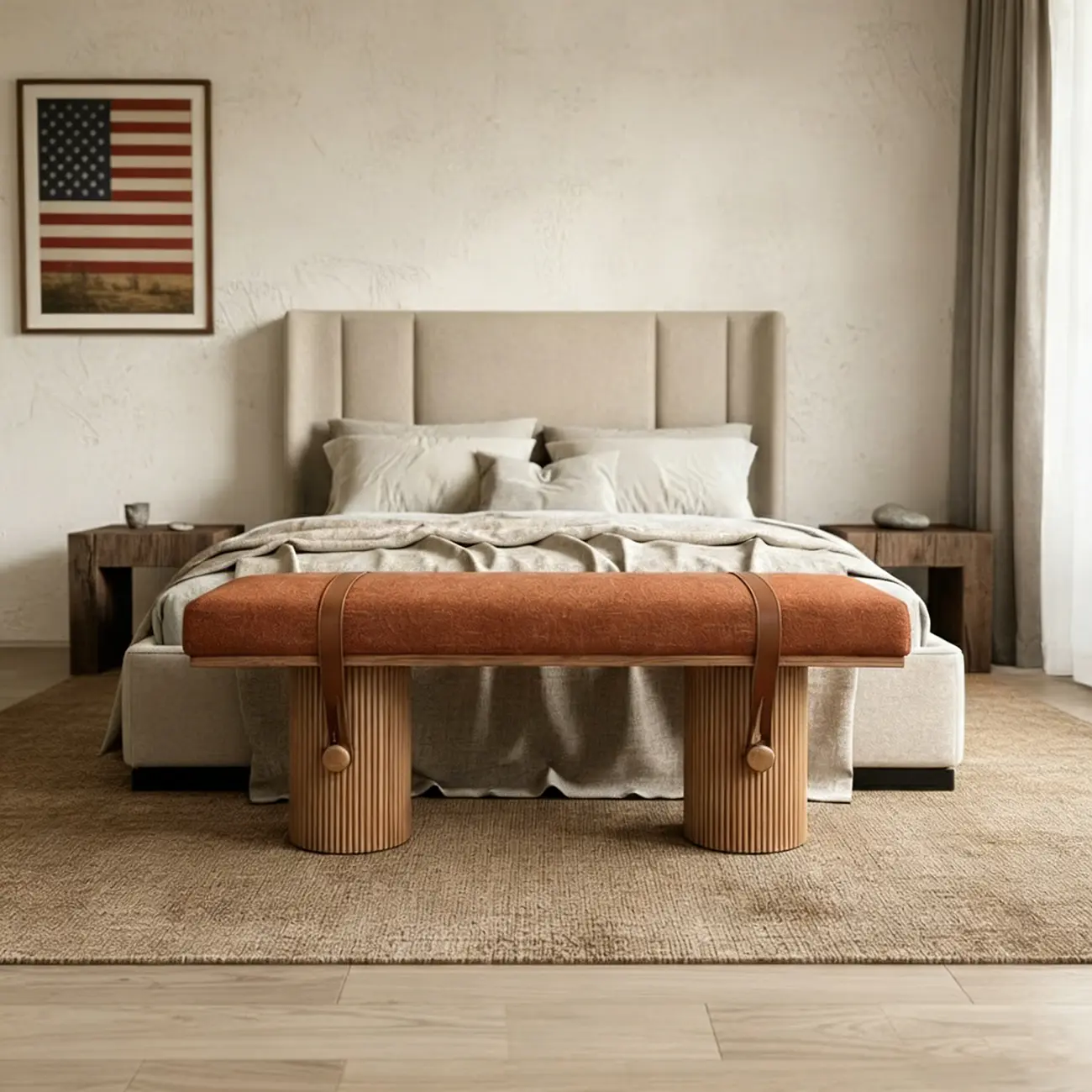 Mid-century Modern Orange Upholstered Wood Bedroom Bench Image - 2 | homeyfad