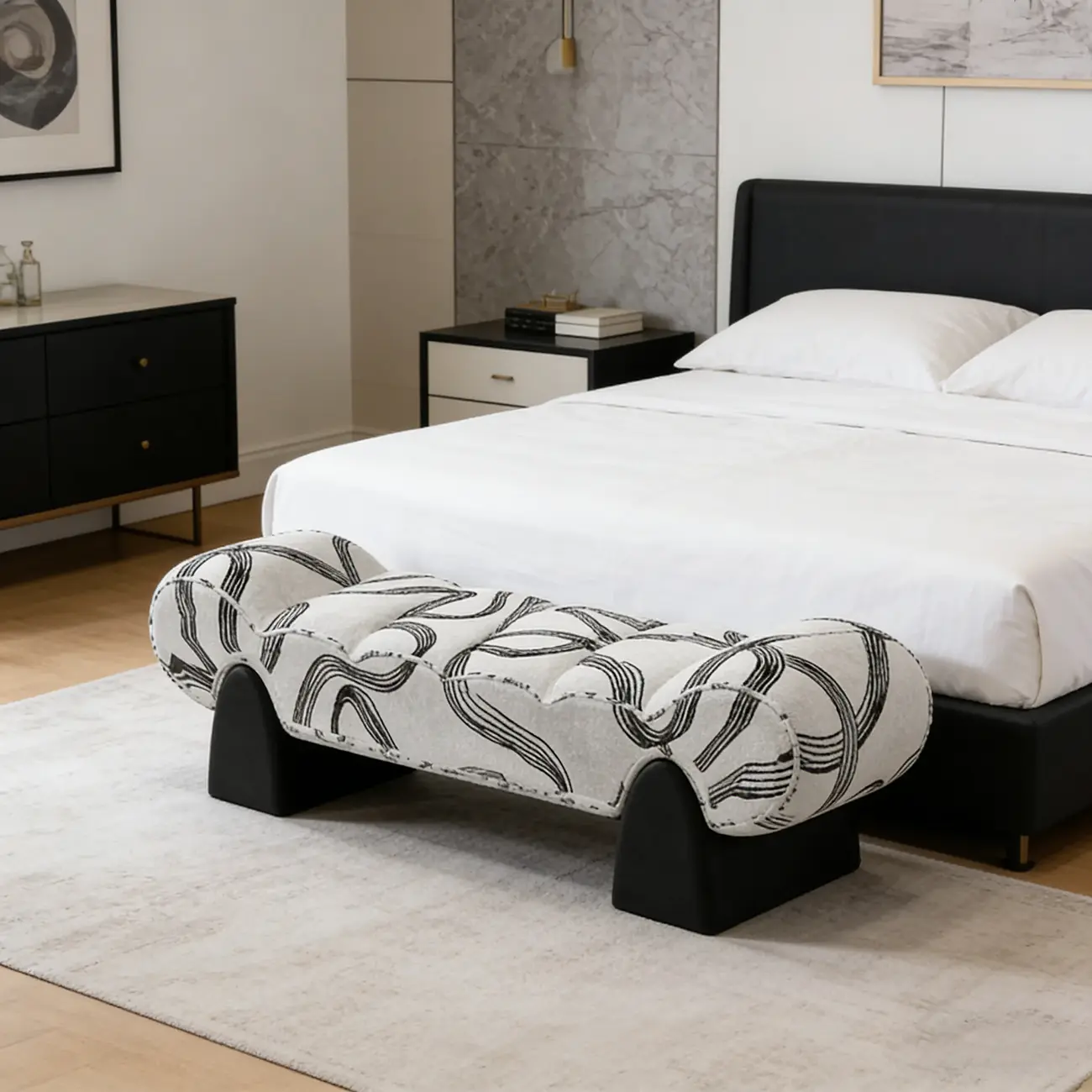 Tufted Curved Cloud Postmodern fabric Bedroom Bench Image - 1 | homeyfad