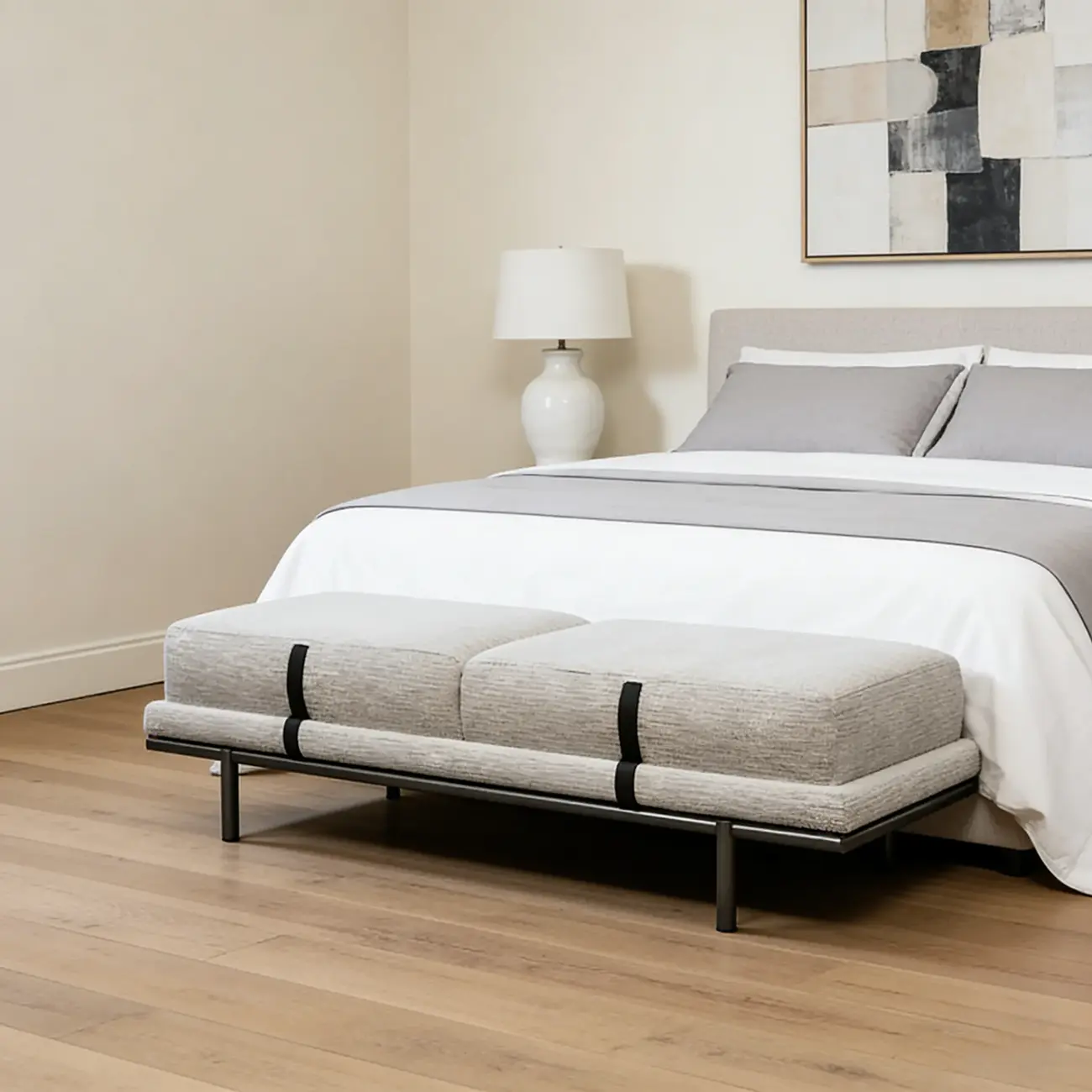 Scandinavian Grey Metal Upholstered Bedroom Bench Image - 1 | homeyfad