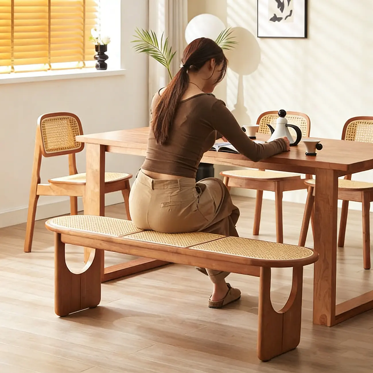 Rectangular Black Rattan Top Rubberwood Dining Bench Image - 5 | homeyfad