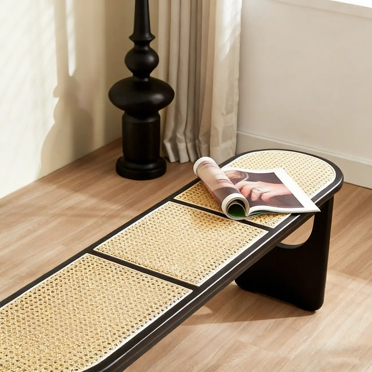 Rectangular Black Rattan Top Rubberwood Dining Bench Image - 7 | homeyfad