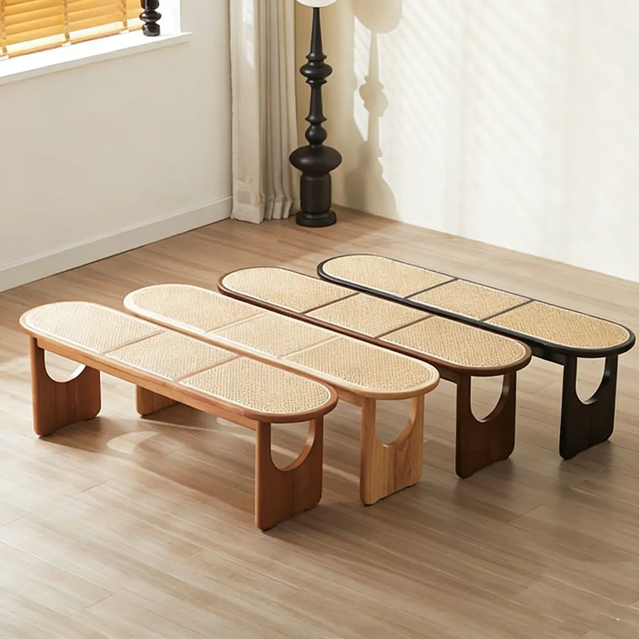 Rectangular Black Rattan Top Rubberwood Dining Bench Image - 1 | homeyfad