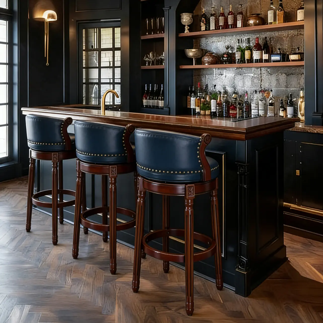 Solid Wood Genuine Leather Swivel Counter Height Bar Stools Image - 3 | homeyfad