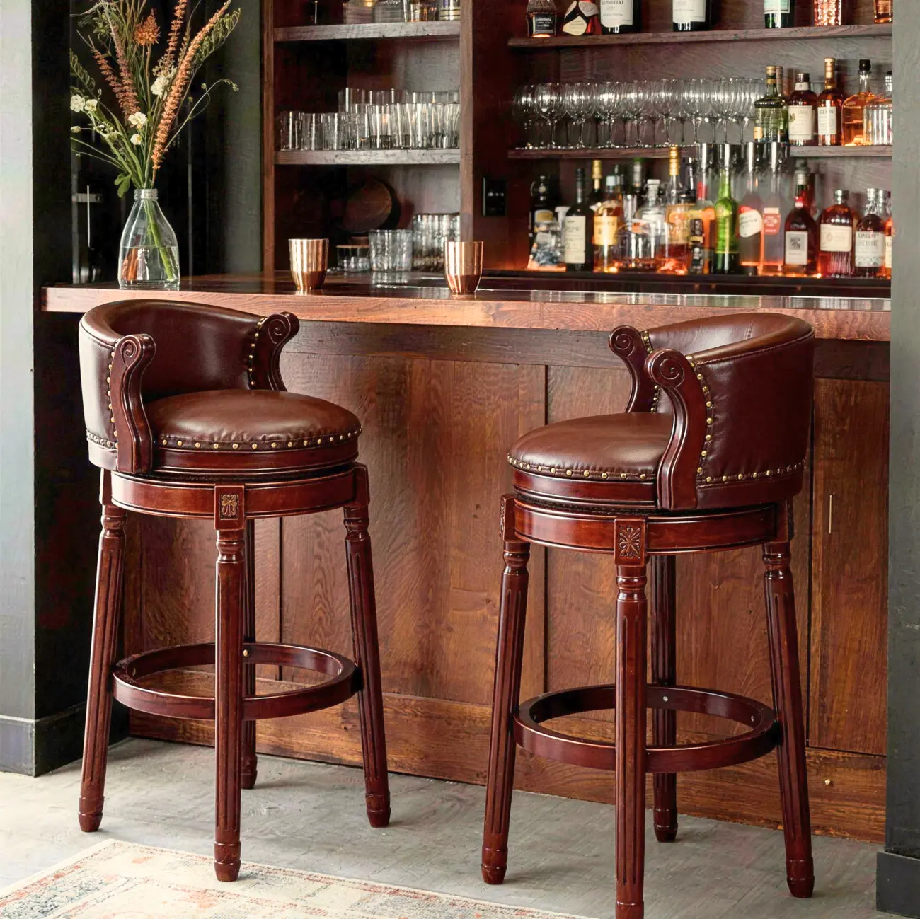 Solid Wood Genuine Leather Swivel Counter Height Bar Stools Image - 2 | homeyfad