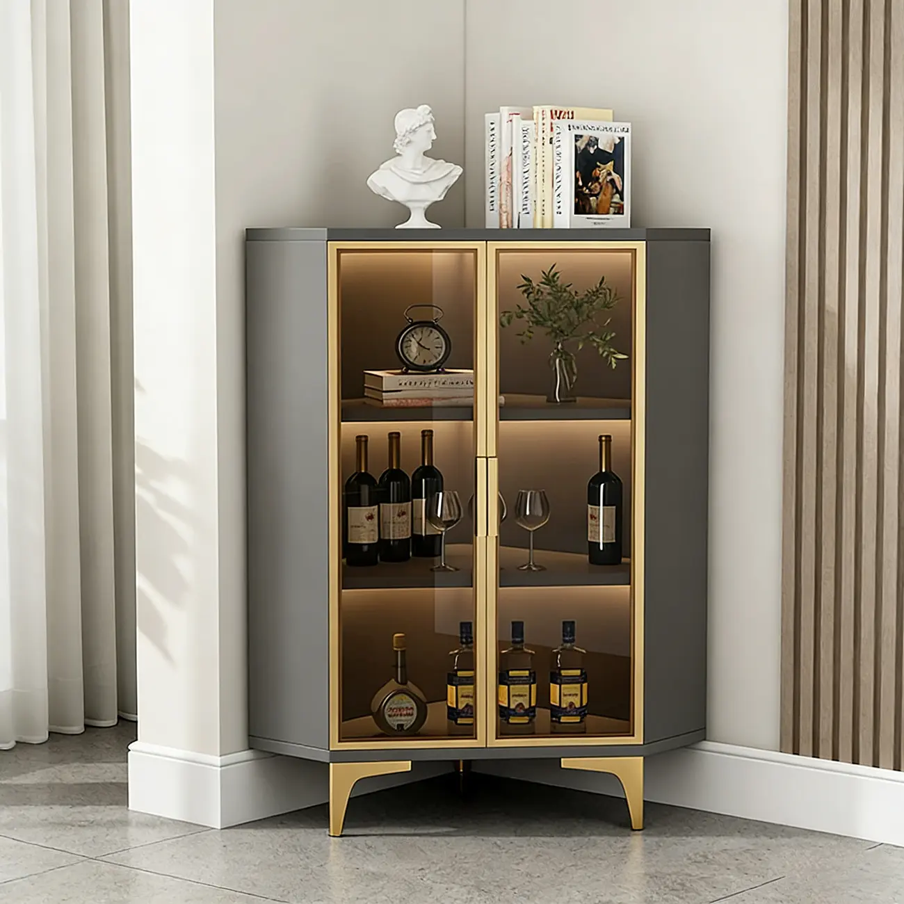 Modern Gray Wood Gold Glass Door Display Corner Cabinet Image - 1 | homeyfad