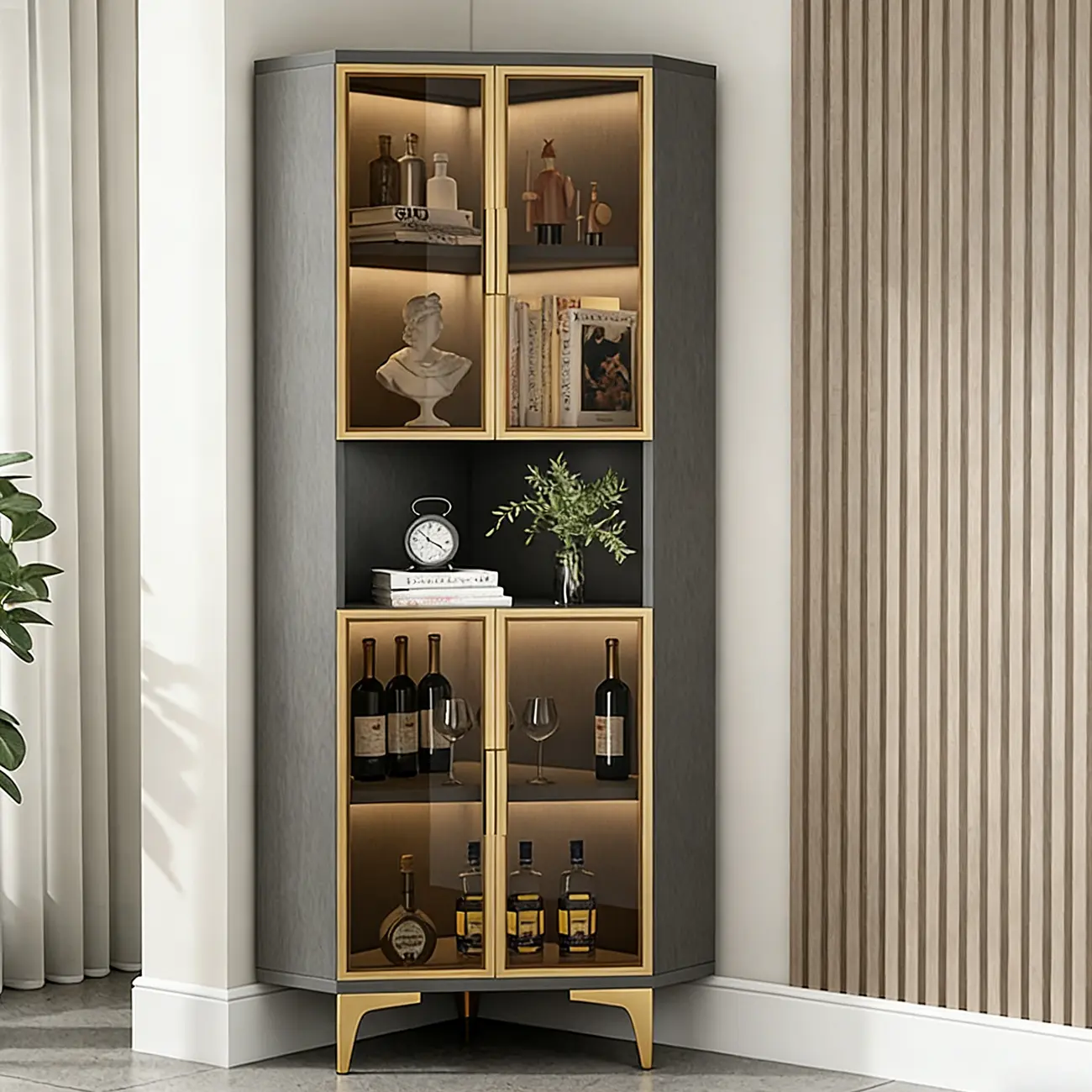 Modern Gray Wood Gold Glass Door Display Corner Cabinet Image - 2 | homeyfad