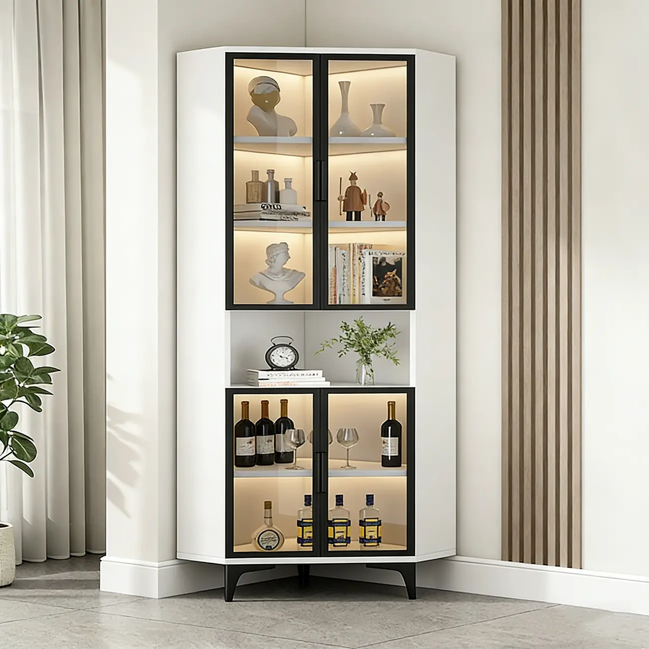 Modern Gray Wood Gold Glass Door Display Corner Cabinet Image - 5 | homeyfad