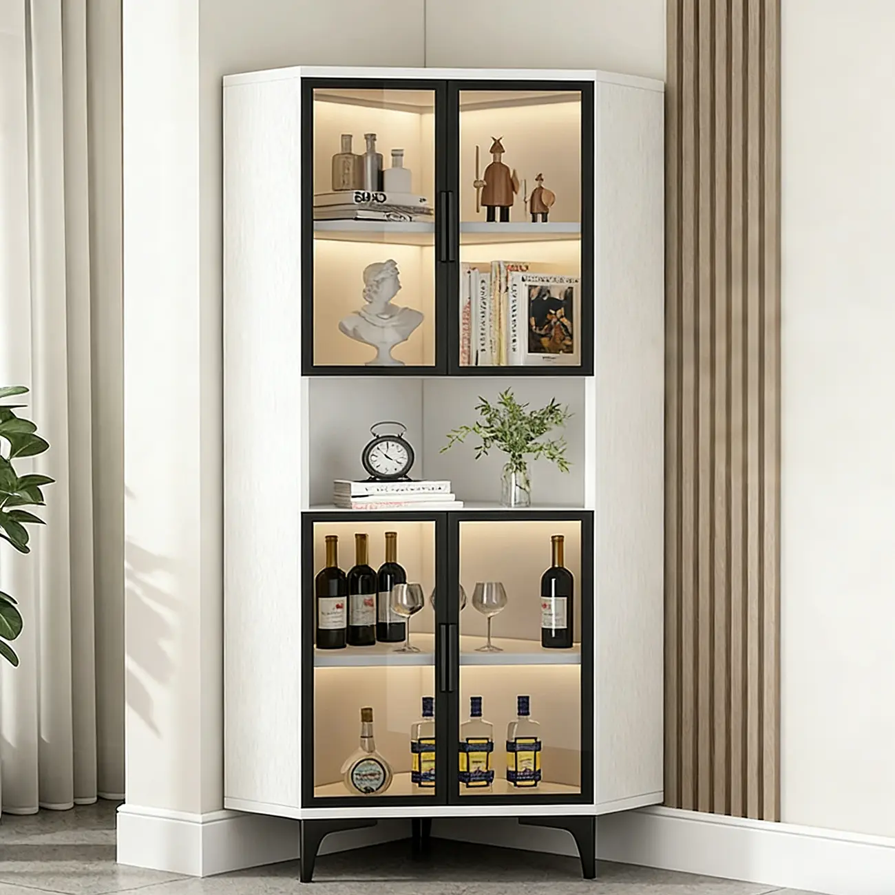 Modern Gray Wood Gold Glass Door Display Corner Cabinet Image - 4 | homeyfad