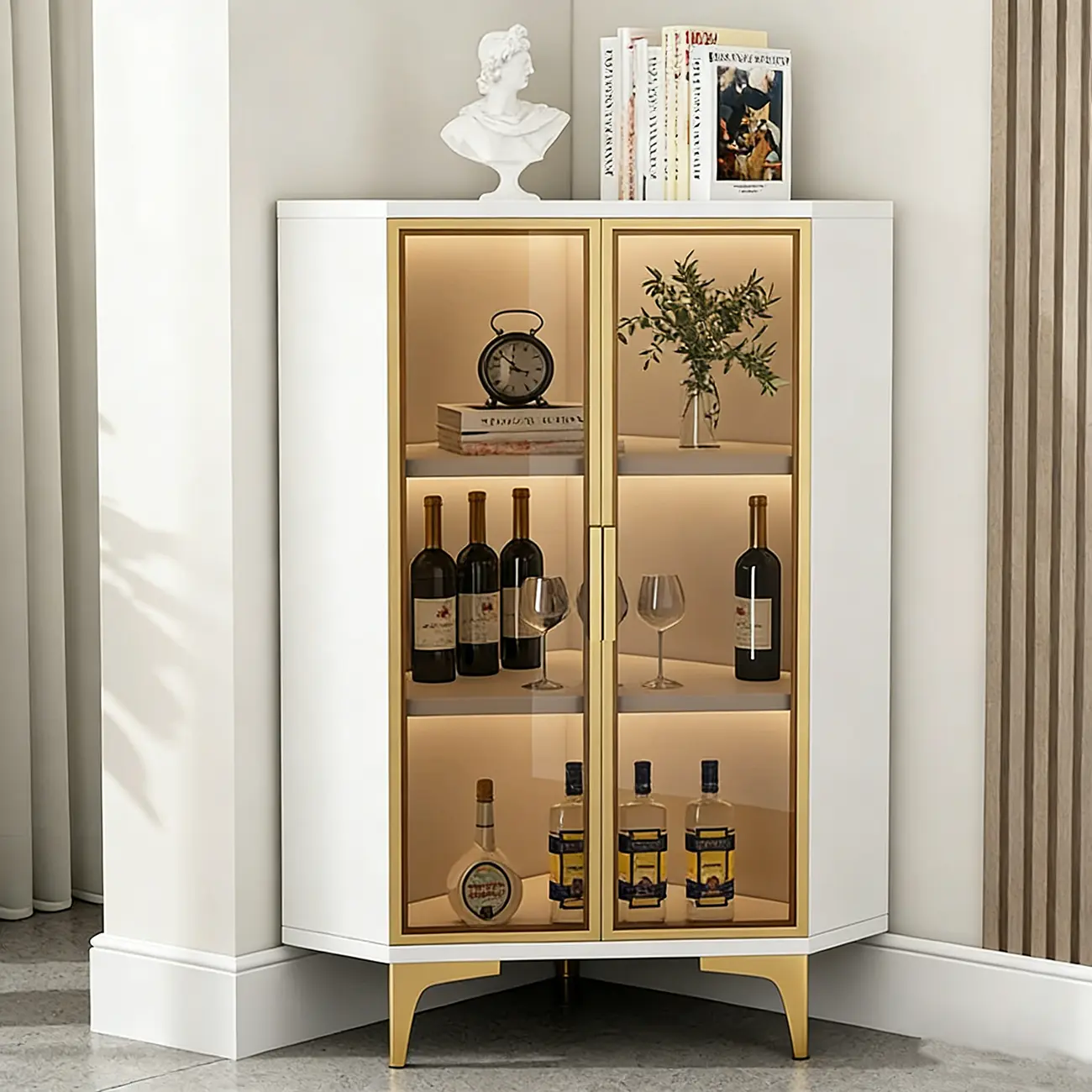 Modern Gray Wood Gold Glass Door Display Corner Cabinet Image - 6 | homeyfad