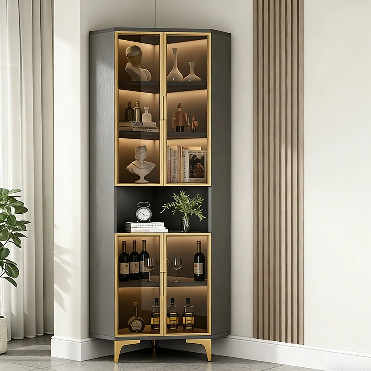 Modern Gray Wood Gold Glass Door Display Corner Cabinet Image - 3 | homeyfad