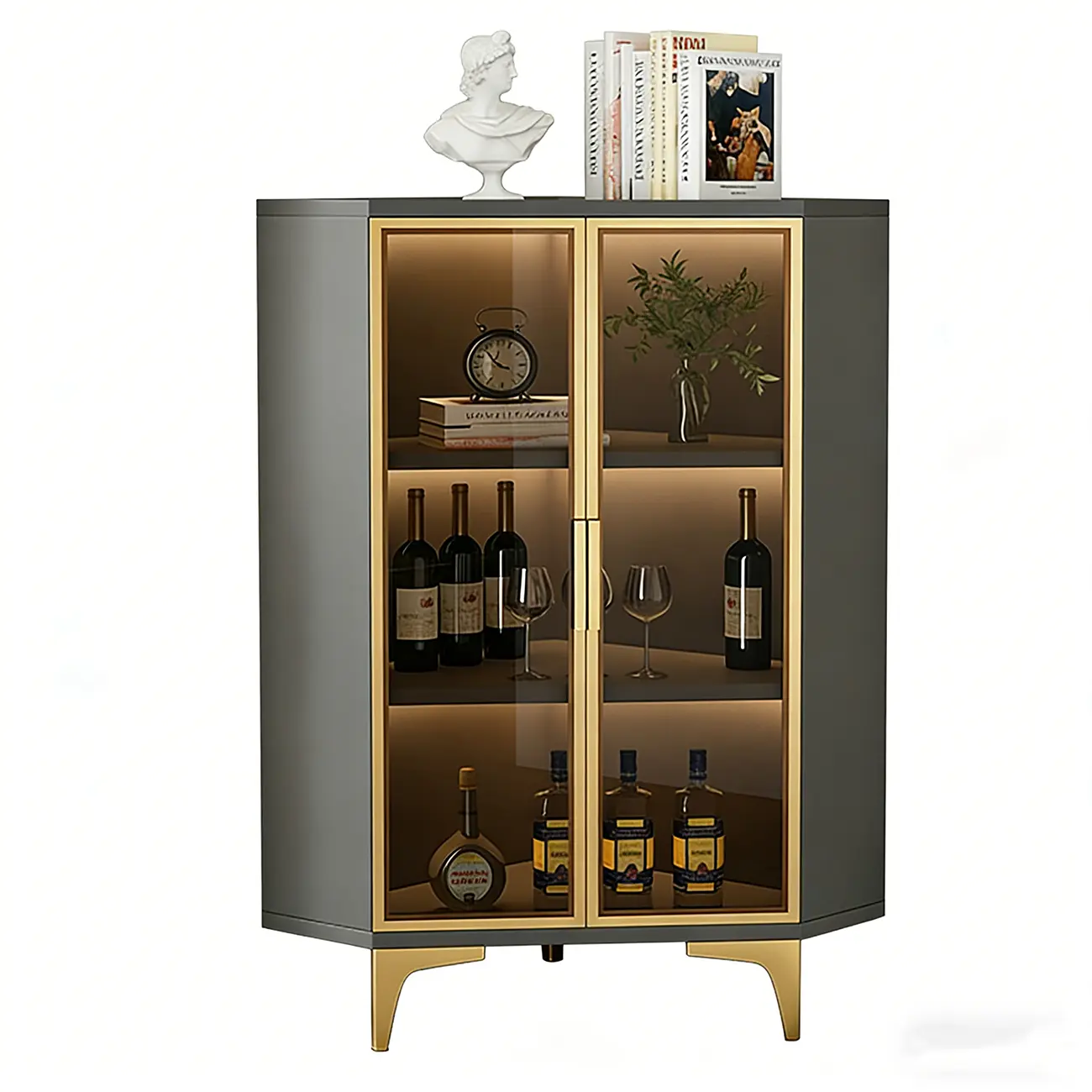 Modern Gray Wood Gold Glass Door Display Corner Cabinet Image - 10 | homeyfad