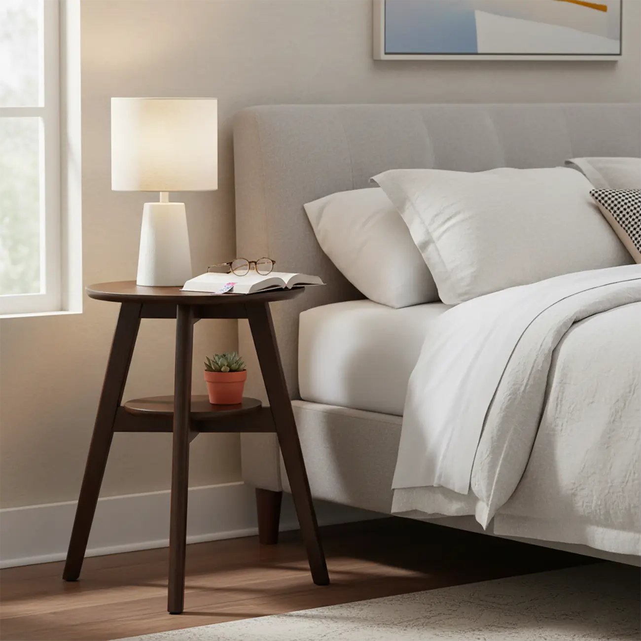 Brown Tripod Base Wood Round Side Table with Storage Image - 5 | homeyfad