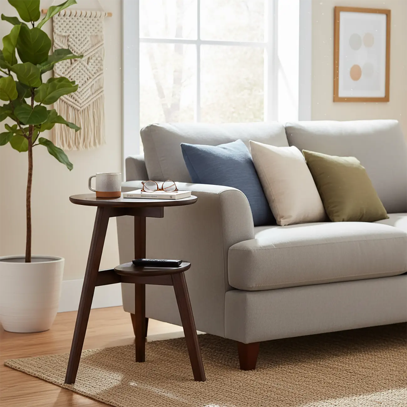 Brown Tripod Base Wood Round Side Table with Storage Image - 2 | homeyfad