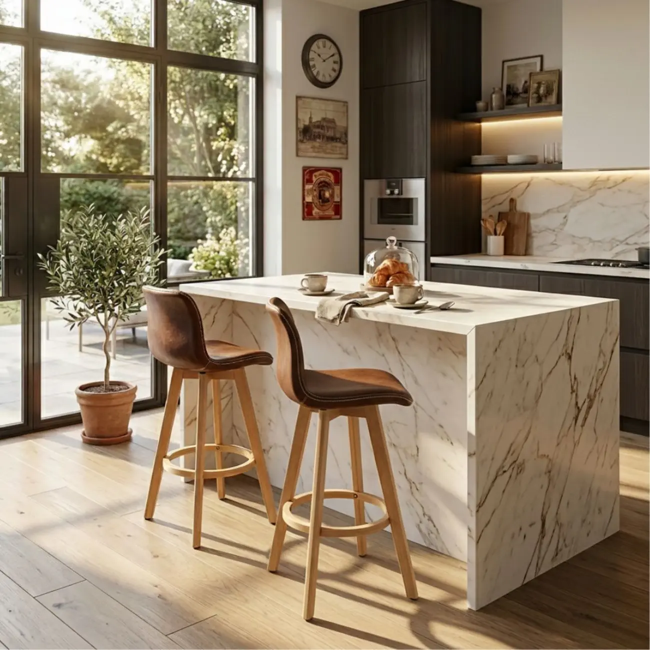 Traditional Wood Genuine Leather Upholstered Bar Stools Image - 4 | homeyfad