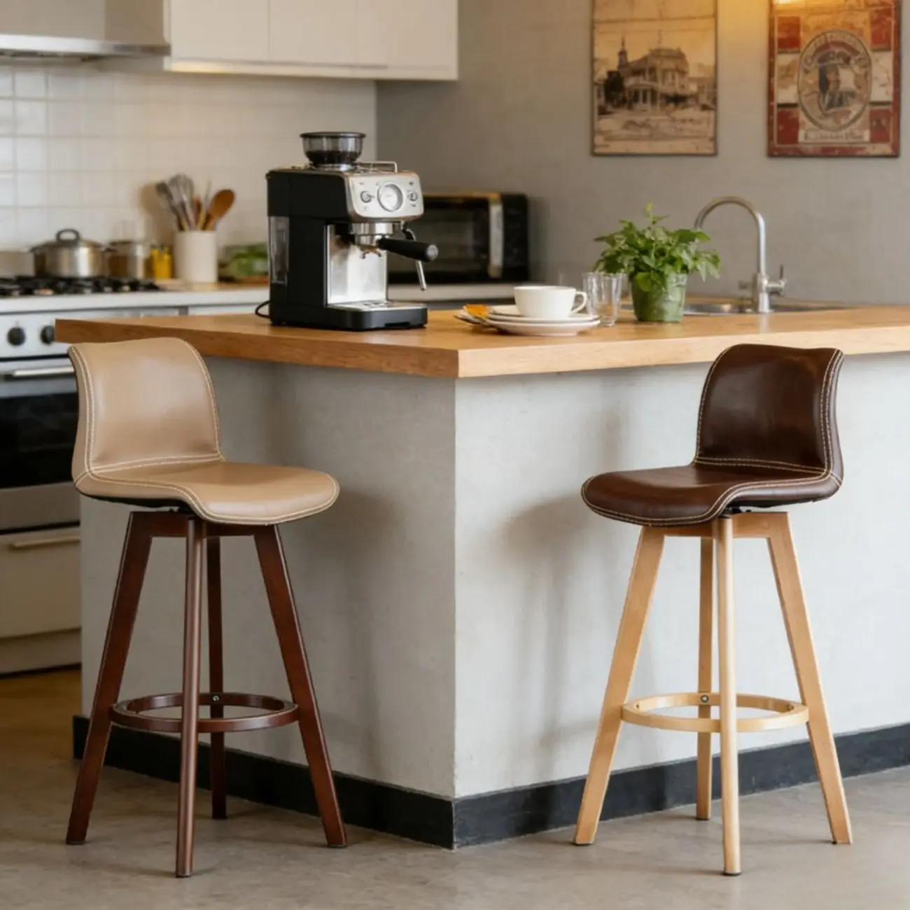 Traditional Wood Genuine Leather Upholstered Bar Stools Image - 3 | homeyfad