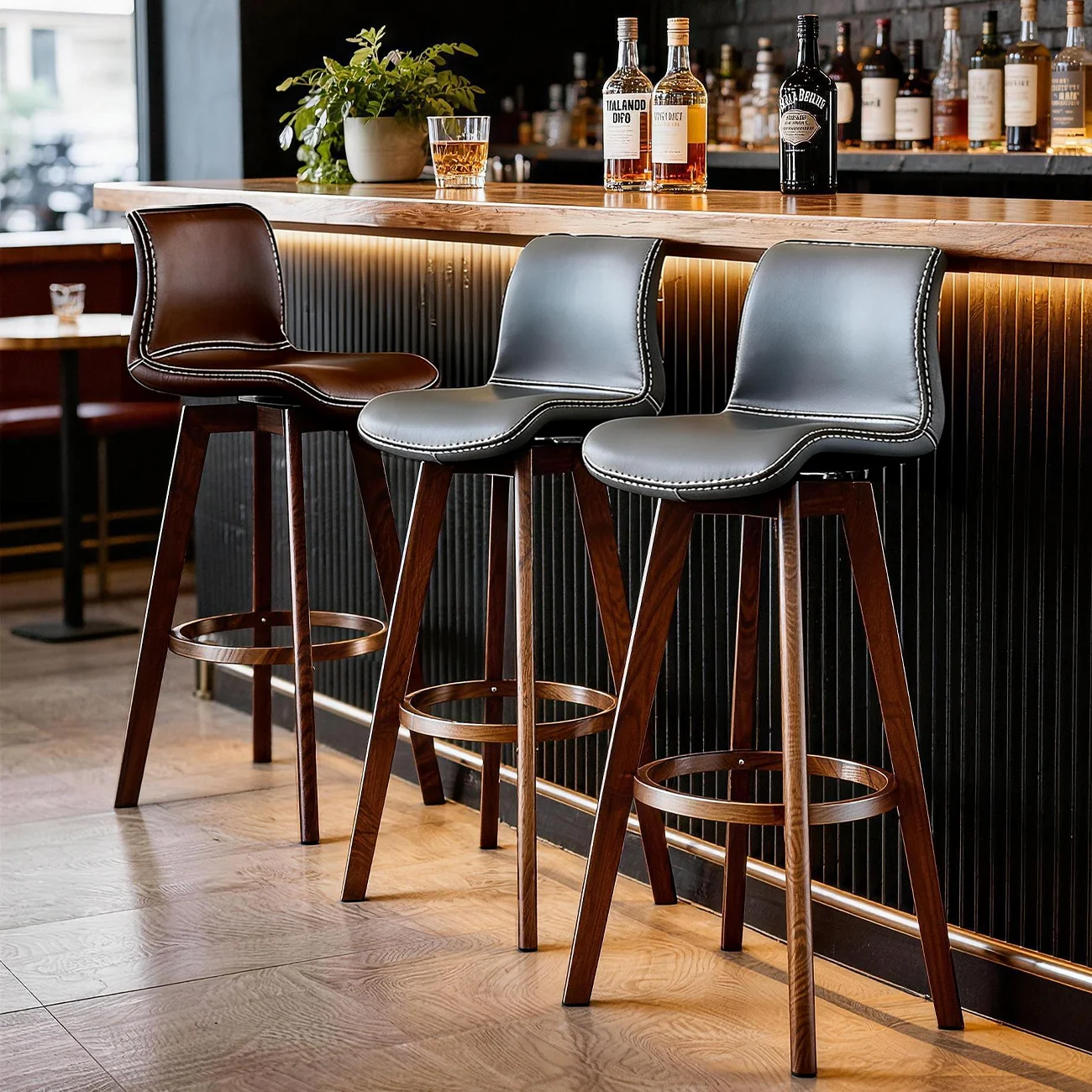 Traditional Wood Genuine Leather Upholstered Bar Stools Image - 2 | homeyfad