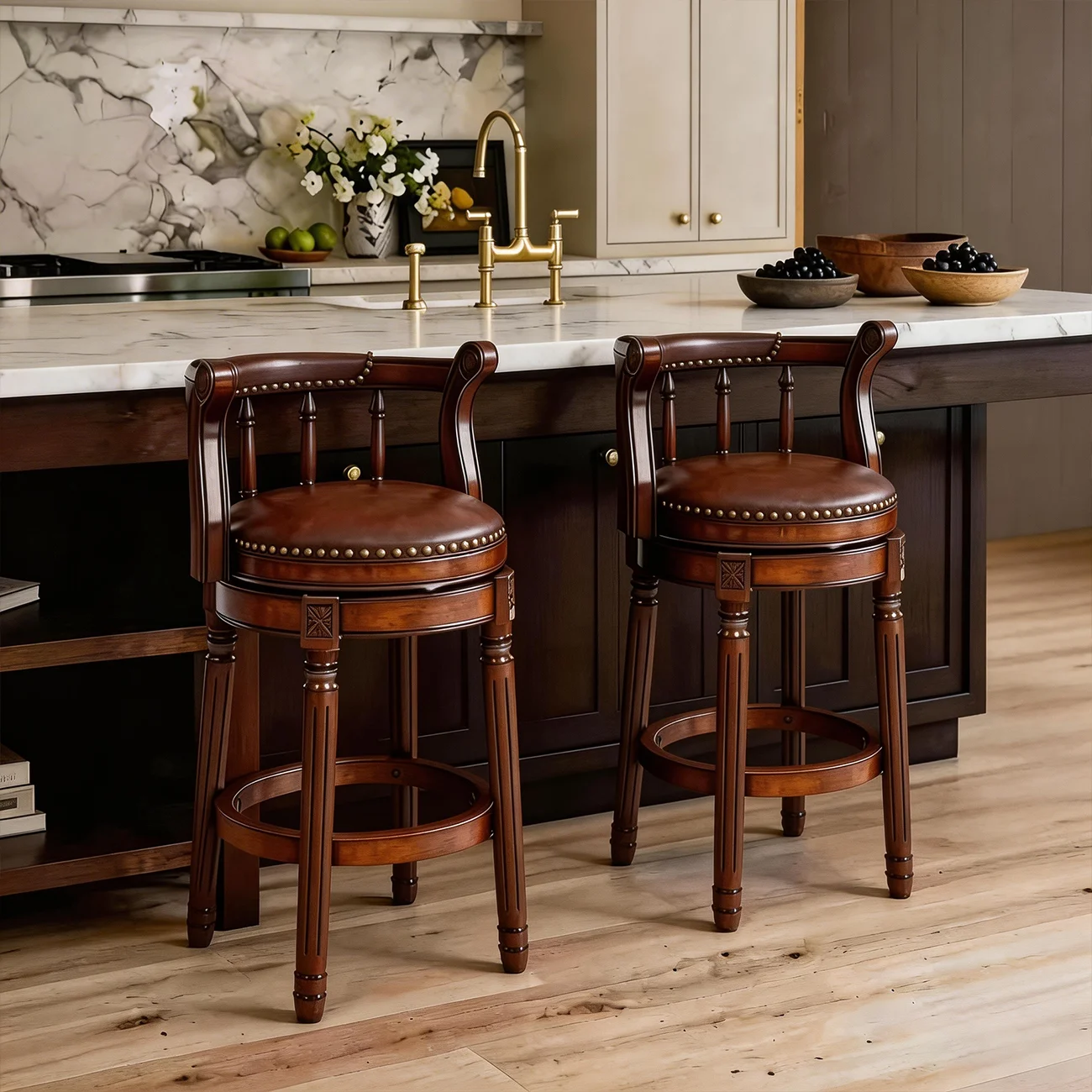 Swivel Counter Height Bar Stools in Genuine Leather & Walnut Solid Wood Image - 5 | homeyfad