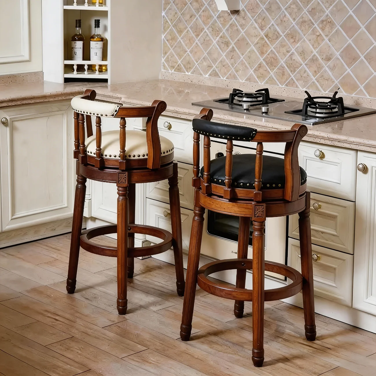 Swivel Counter Height Bar Stools in Genuine Leather & Walnut Solid Wood Image - 10 | homeyfad