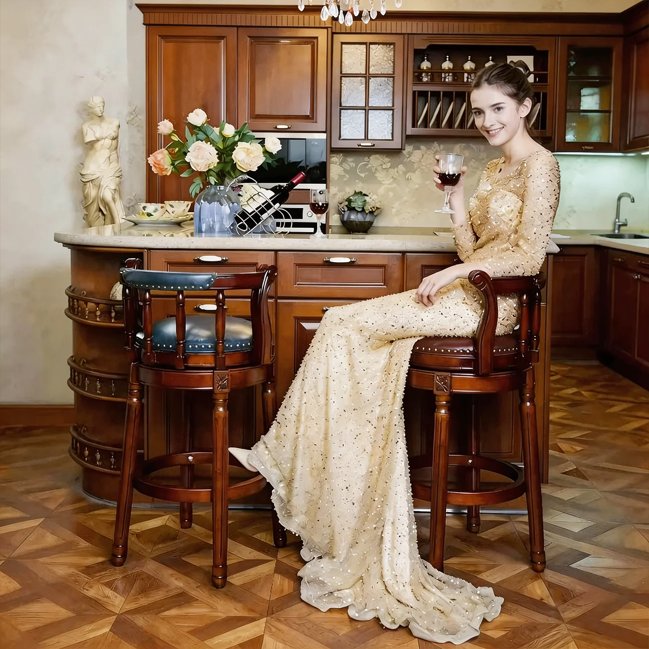 Swivel Counter Height Bar Stools in Genuine Leather & Walnut Solid Wood Image - 14 | homeyfad