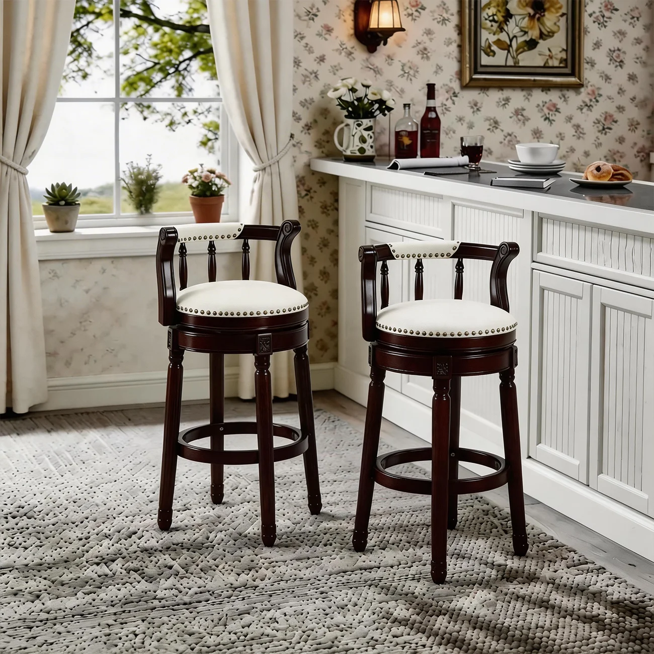 Swivel Counter Height Bar Stools in Genuine Leather & Walnut Solid Wood Image - 11 | homeyfad