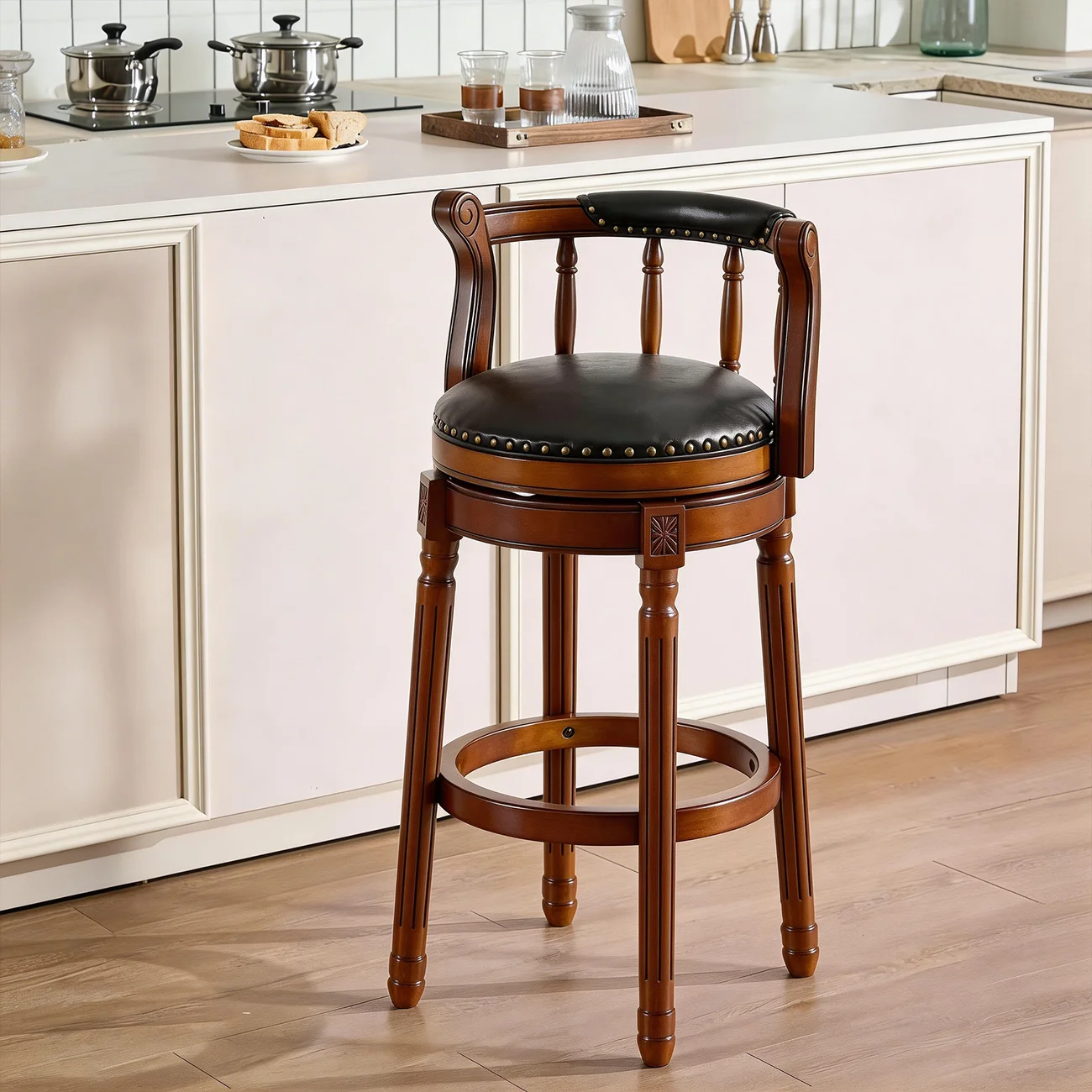 Swivel Counter Height Bar Stools in Genuine Leather & Walnut Solid Wood Image - 7 | homeyfad