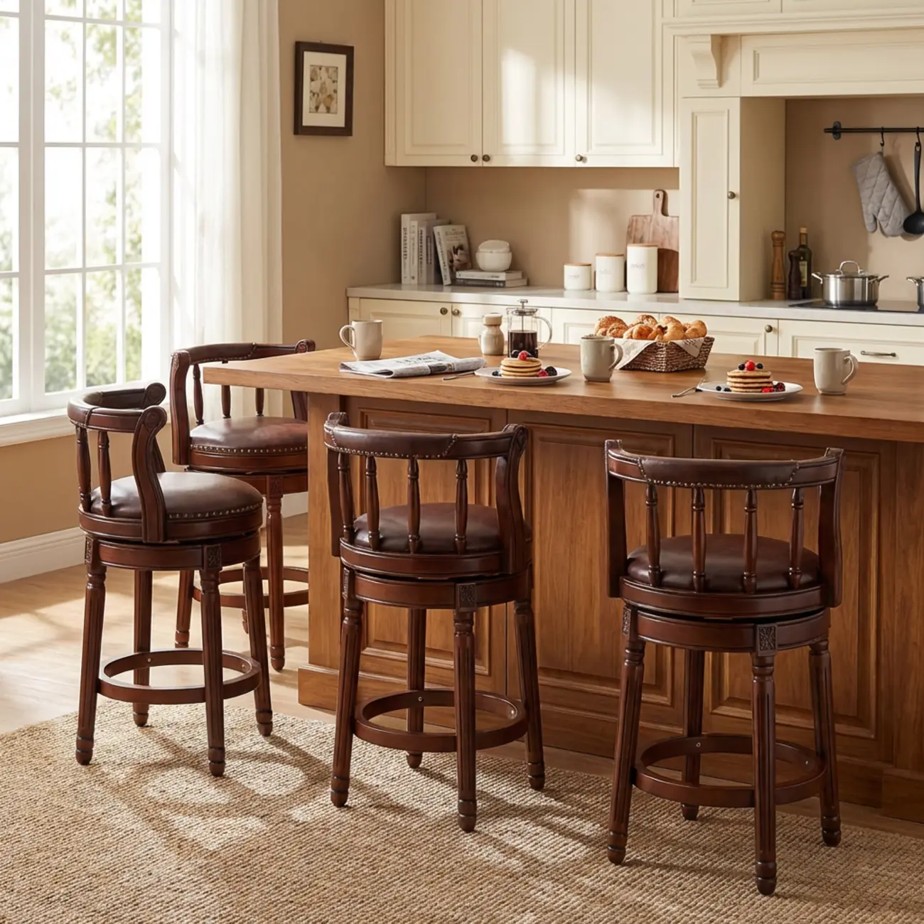 Swivel Counter Height Bar Stools in Genuine Leather & Walnut Solid Wood Image - 6 | homeyfad