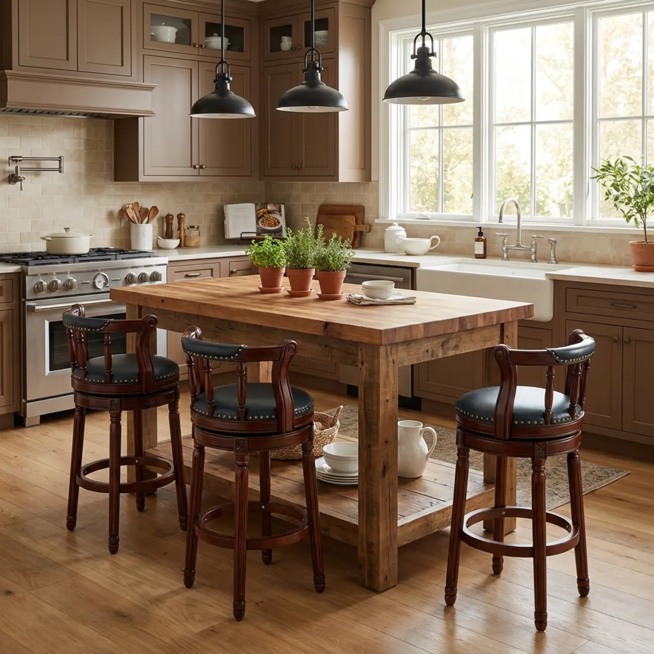 Swivel Counter Height Bar Stools in Genuine Leather & Walnut Solid Wood Image - 1 | homeyfad