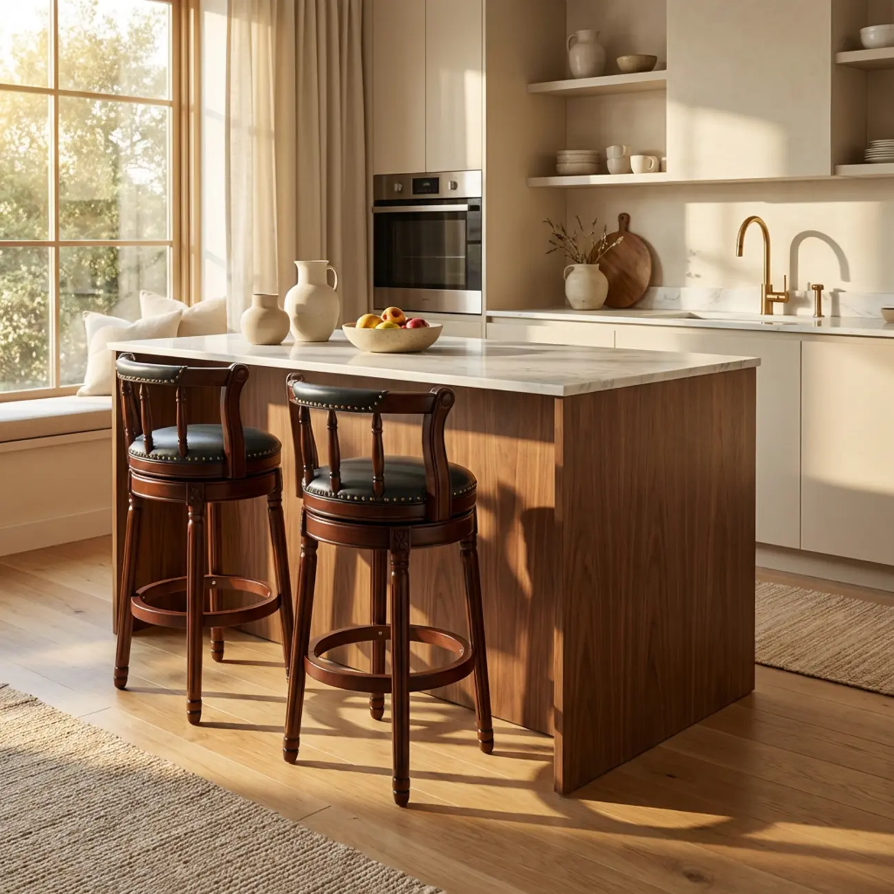 Swivel Counter Height Bar Stools in Genuine Leather & Walnut Solid Wood Image - 2 | homeyfad