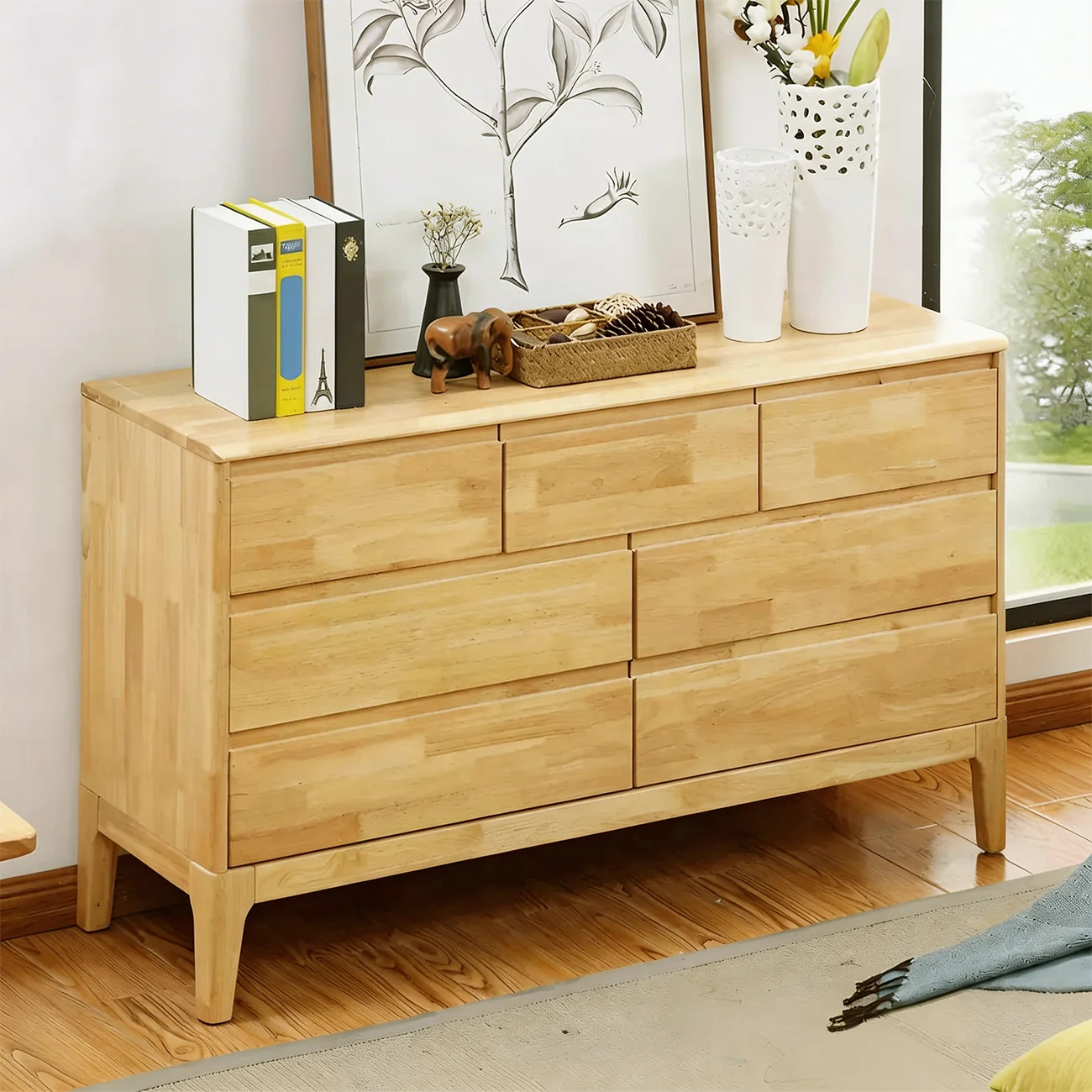 Simple Natural Rubberwood Low Multi-Drawer Dresser Image - 1 | homeyfad