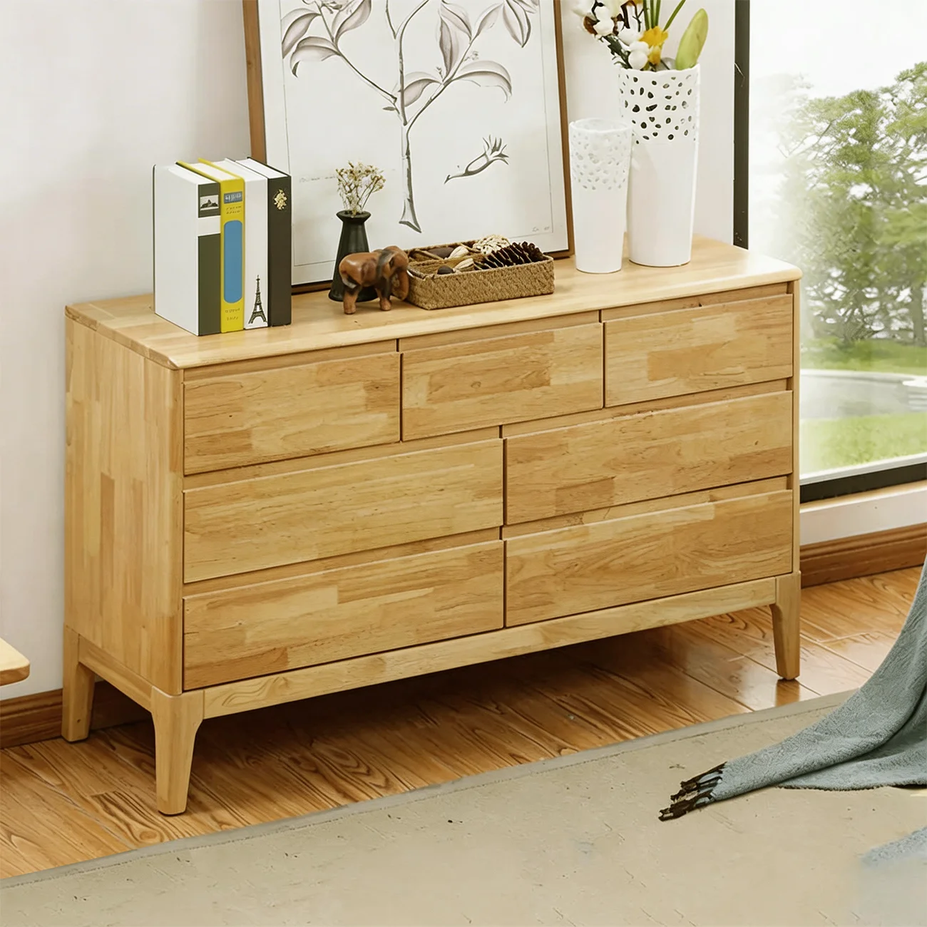 Simple Natural Rubberwood Low Multi-Drawer Dresser Image - 3 | homeyfad