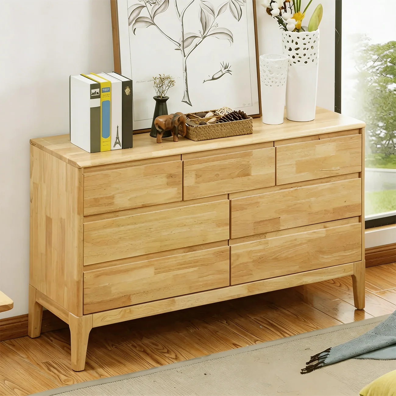 Simple Natural Rubberwood Low Multi-Drawer Dresser Image - 5 | homeyfad