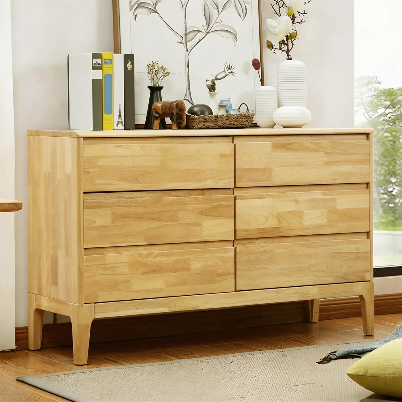 Simple Natural Rubberwood Low Multi-Drawer Dresser Image - 6 | homeyfad