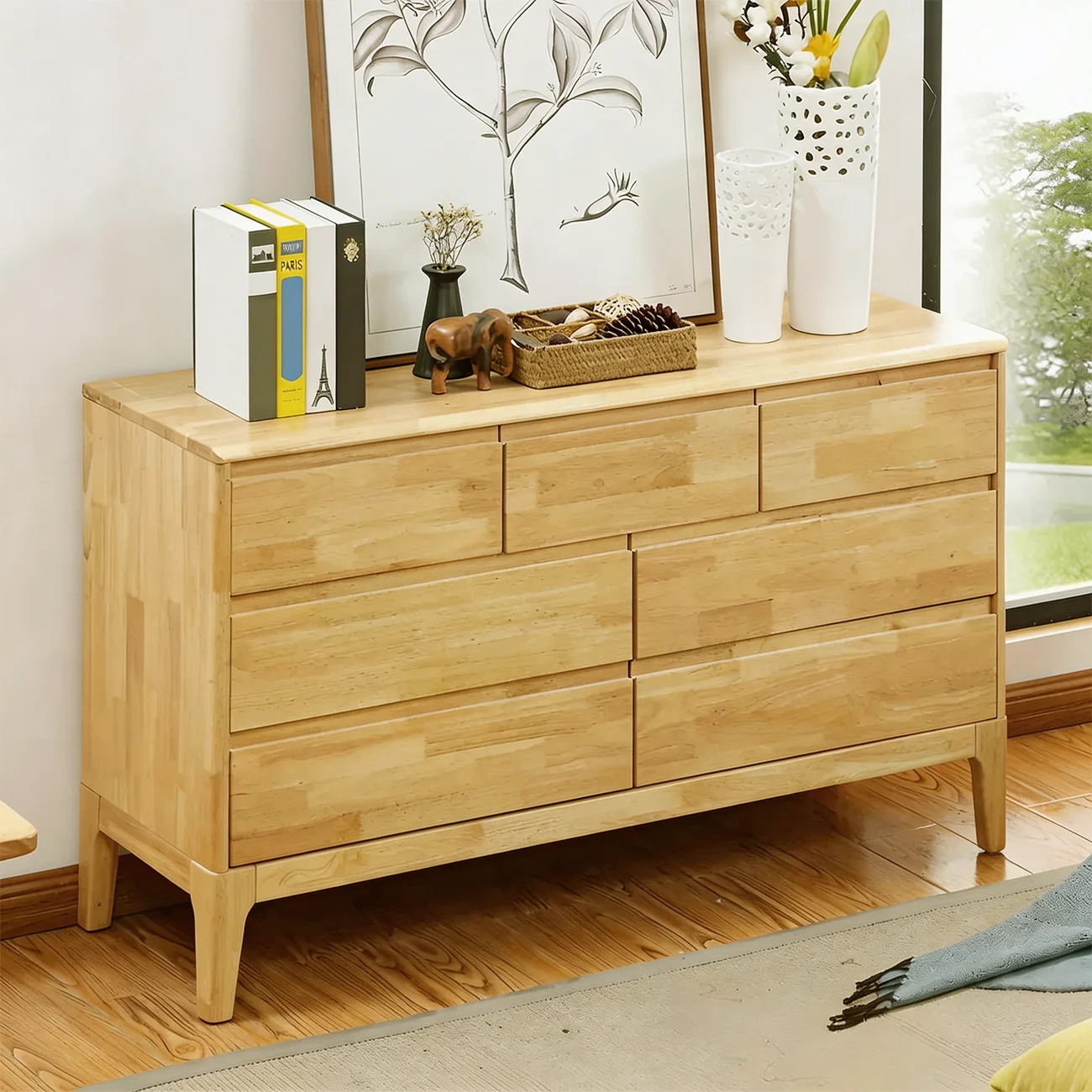Simple Natural Rubberwood Low Multi-Drawer Dresser Image - 11 | homeyfad