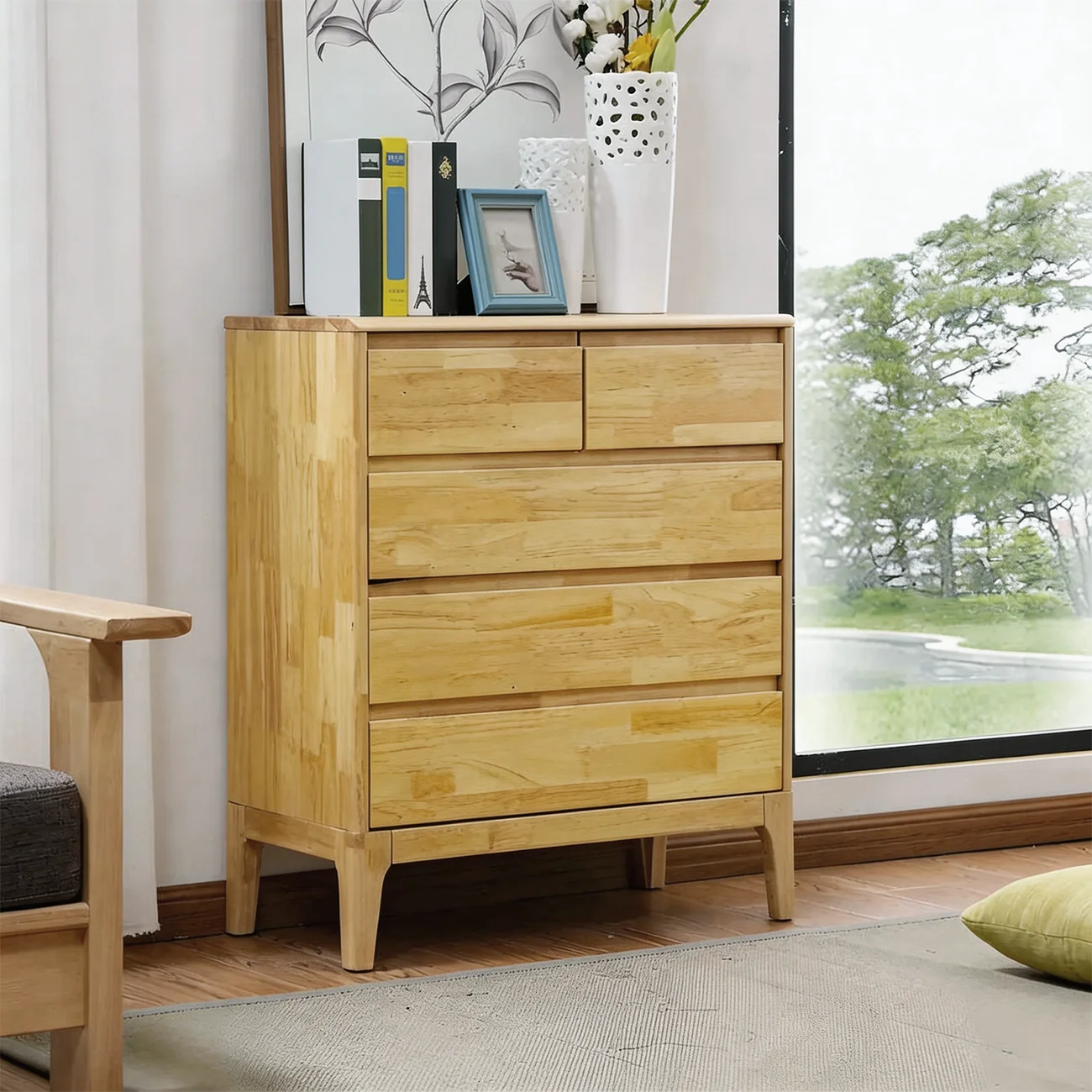 Simple Natural Rubberwood Low Multi-Drawer Dresser Image - 4 | homeyfad