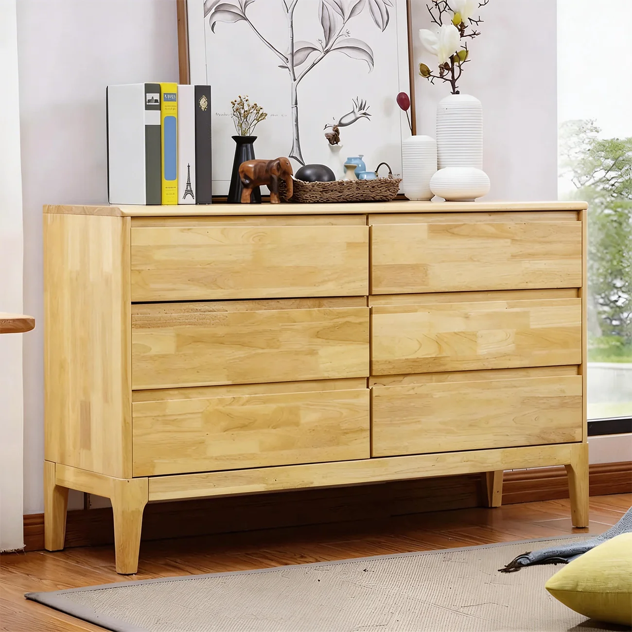 Simple Natural Rubberwood Low Multi-Drawer Dresser Image - 9 | homeyfad