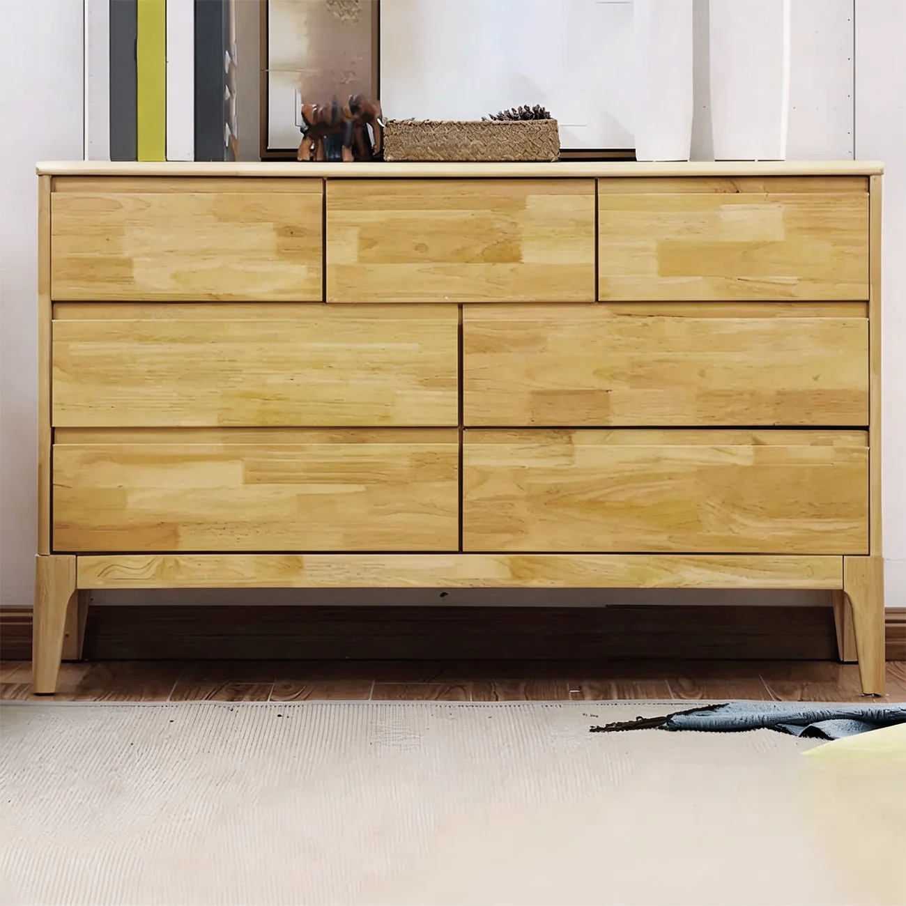 Simple Natural Rubberwood Low Multi-Drawer Dresser Image - 10 | homeyfad