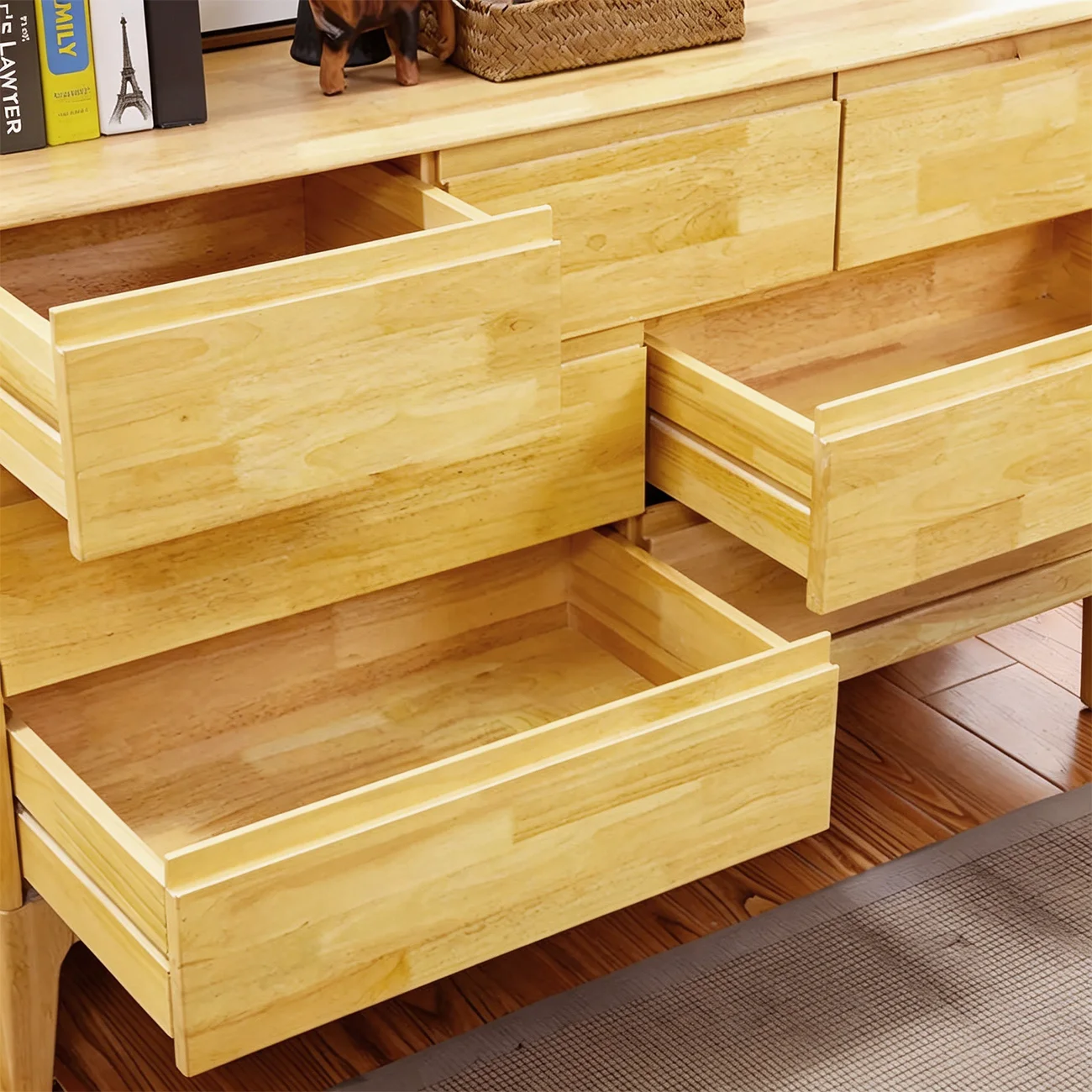 Simple Natural Rubberwood Low Multi-Drawer Dresser Image - 12 | homeyfad