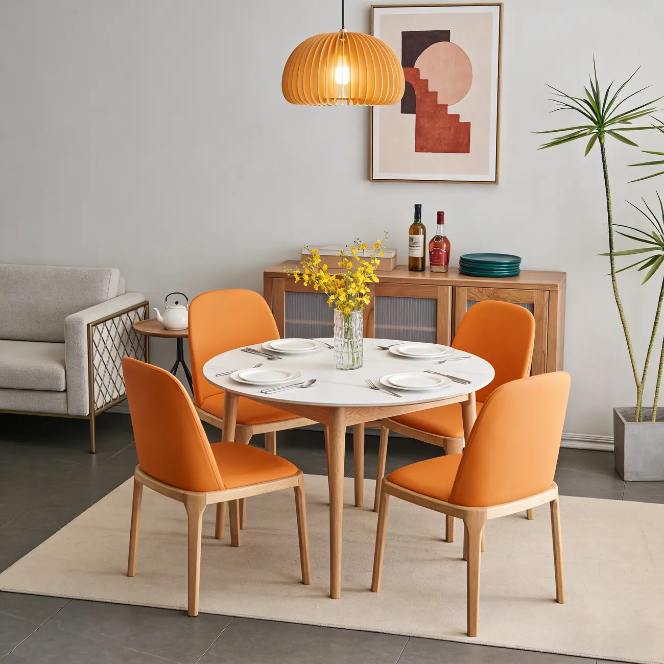 Cream Wood Faux Leather Solid Back Dining Chair Image - 3 | homeyfad