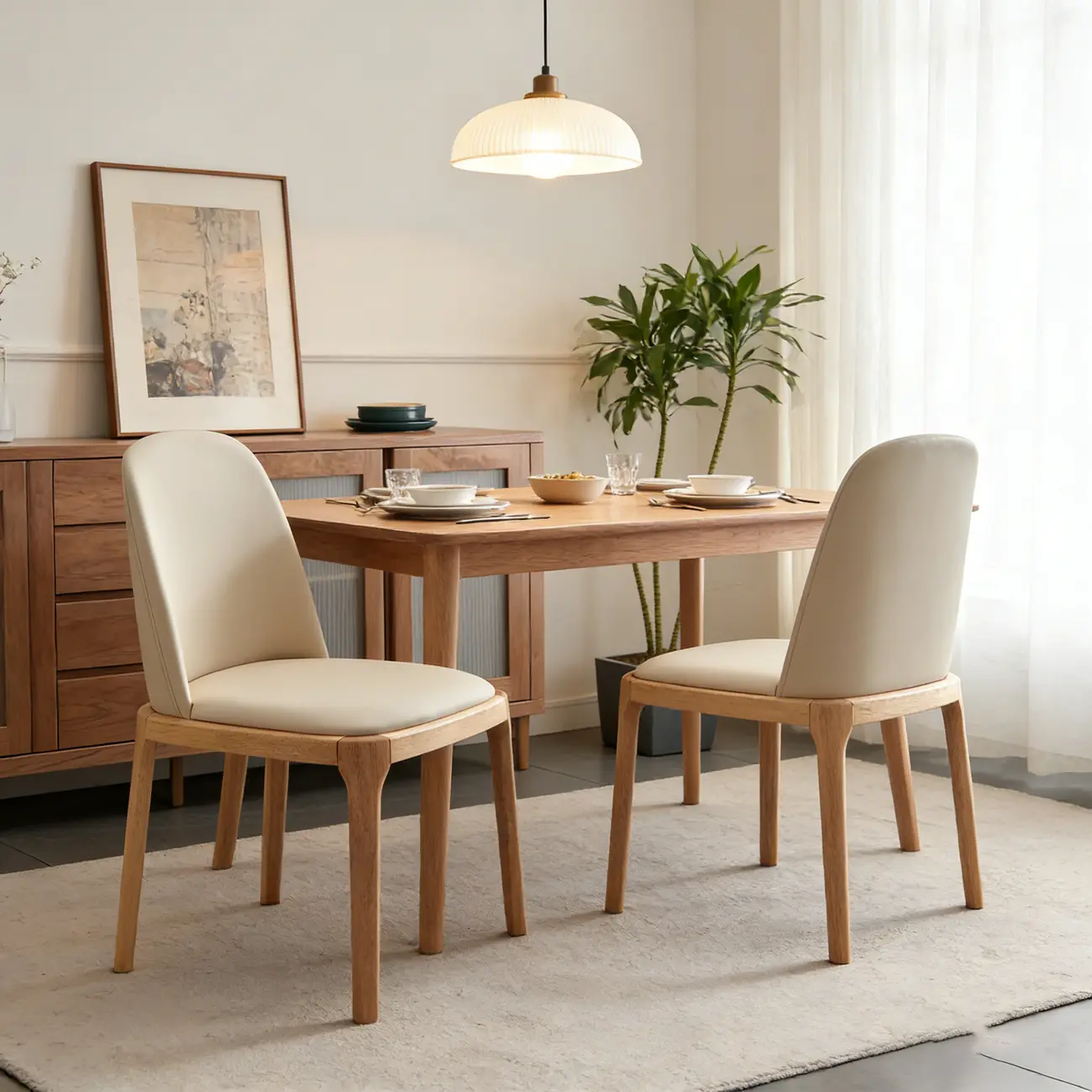 Cream Wood Faux Leather Solid Back Dining Chair Image - 5 | homeyfad