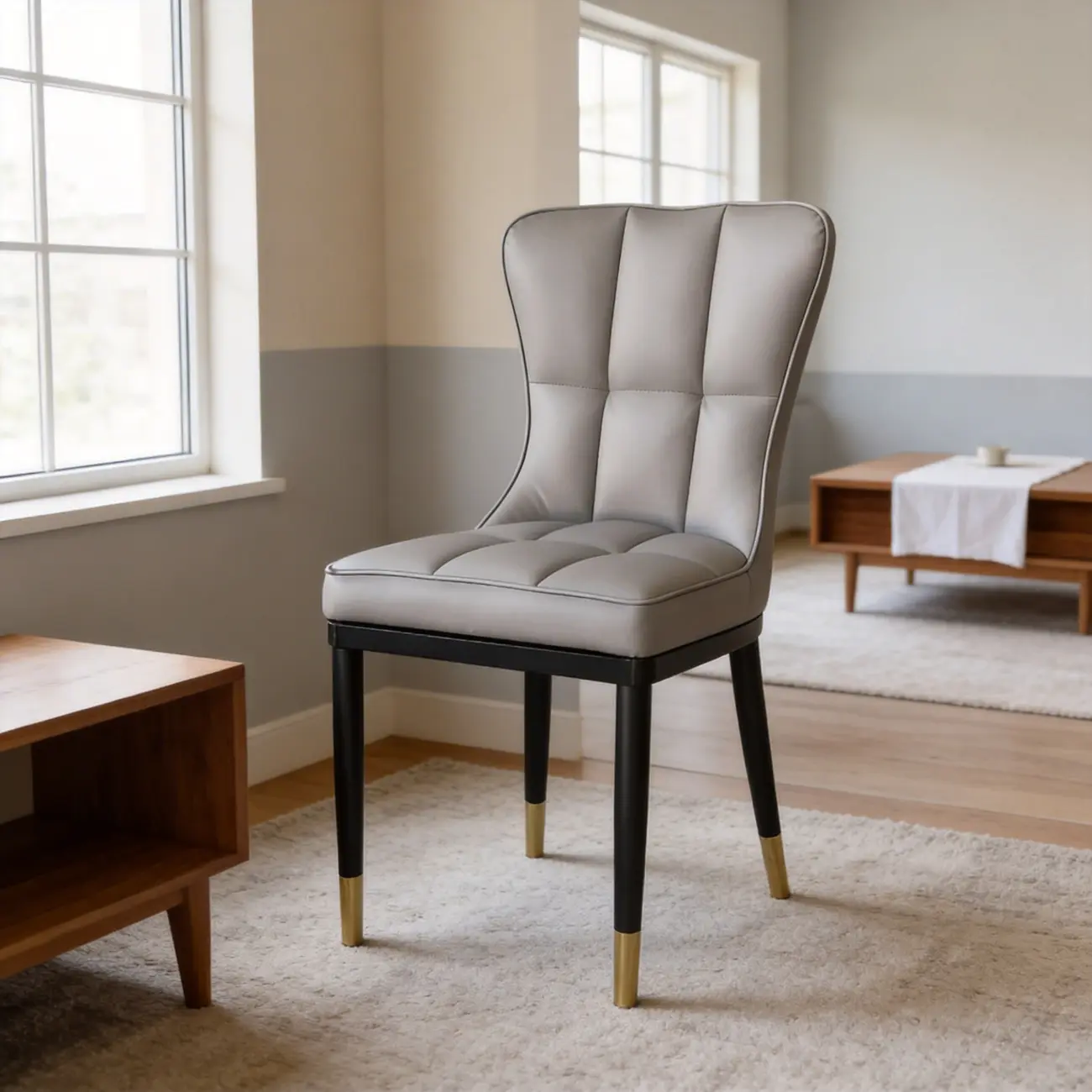 Armless Grey Tufted Leather High Back Dining Chair Image - 7 | homeyfad